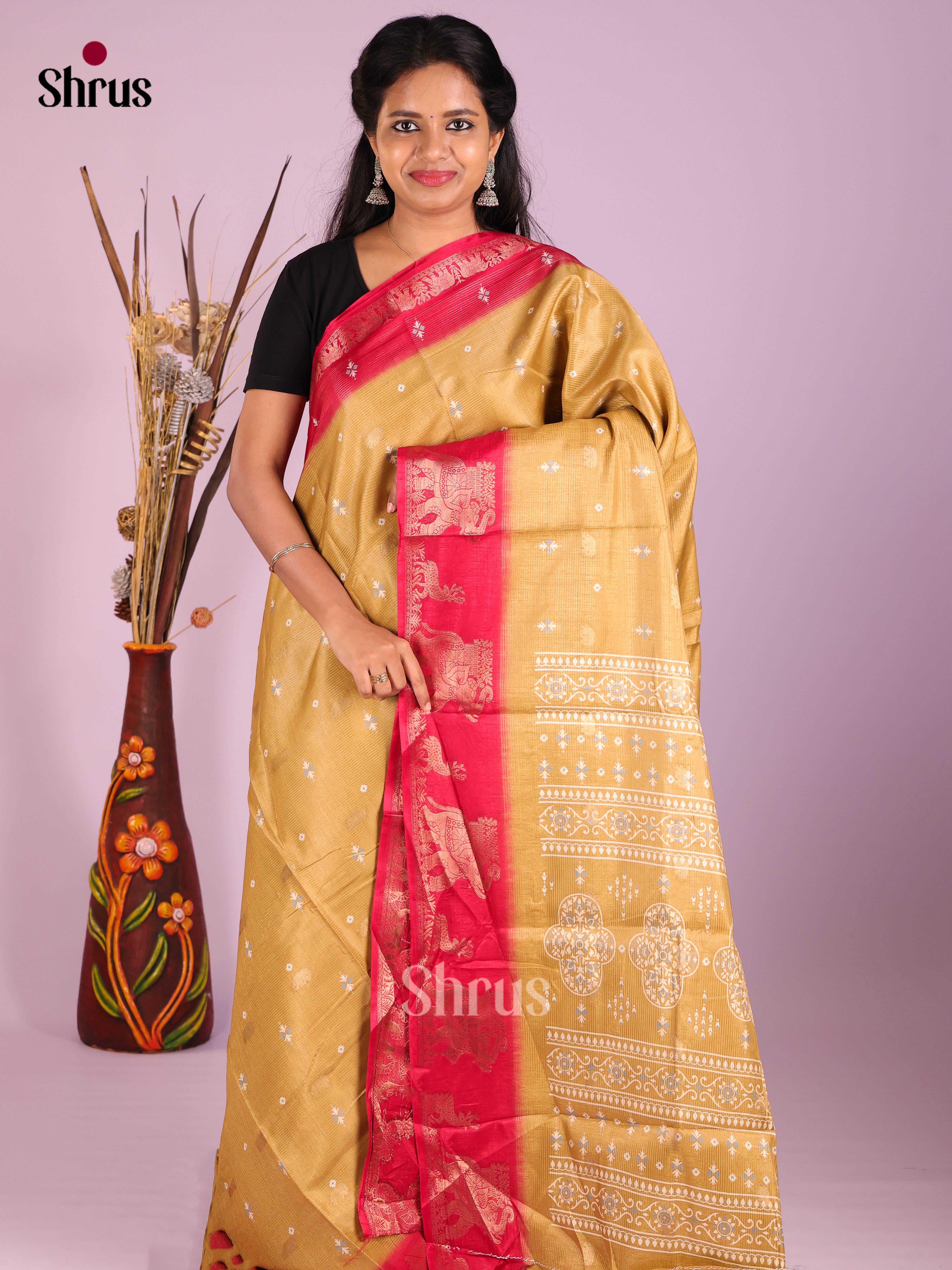 Beige & Red- Semi Crepe Saree - Shop on Shrus.com
