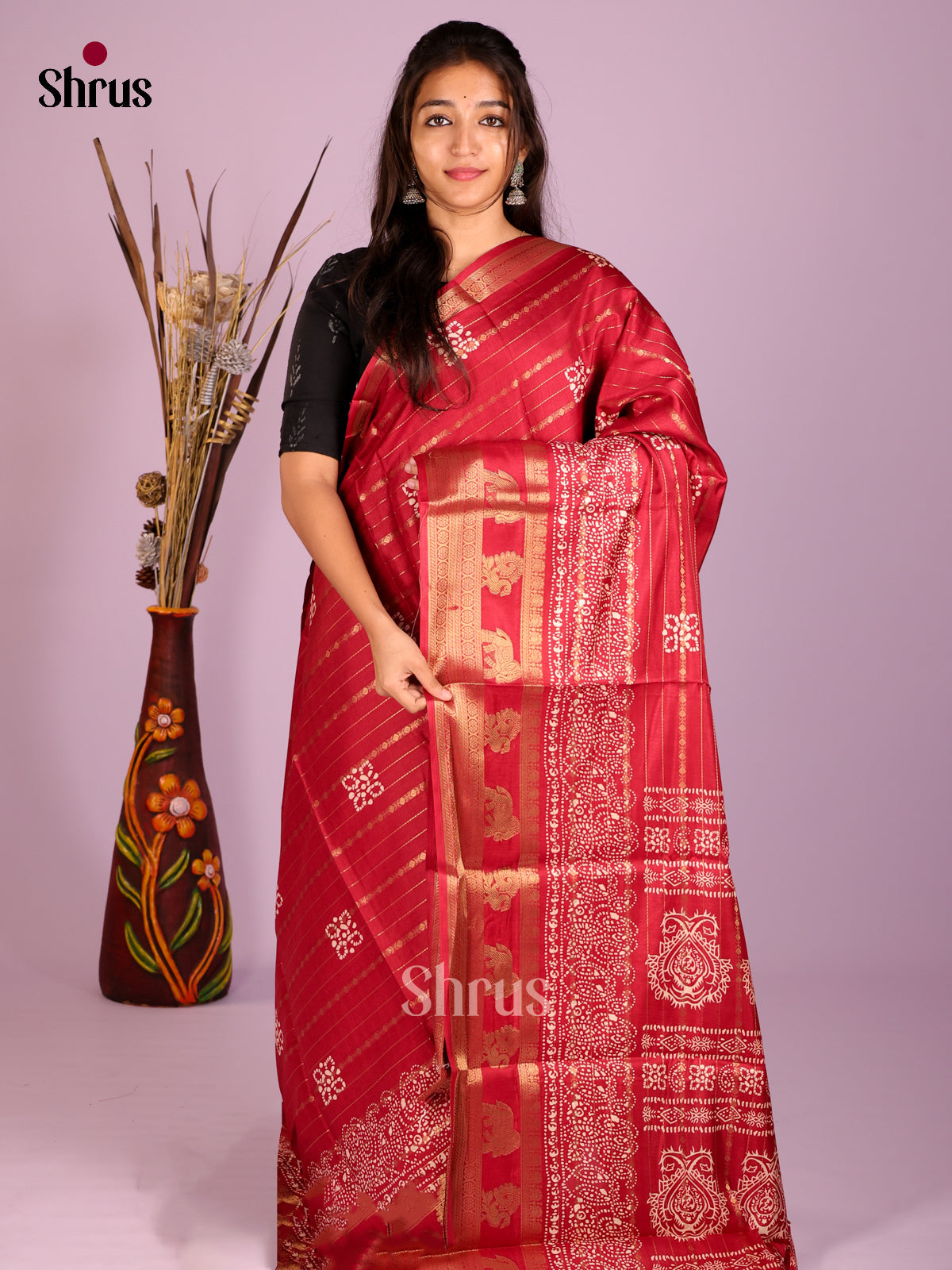 Red - Semi Crepe Saree