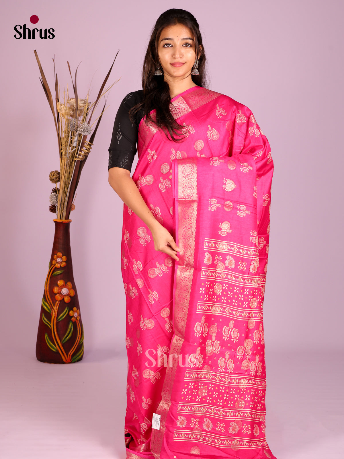 Pink- Semi Crepe Saree