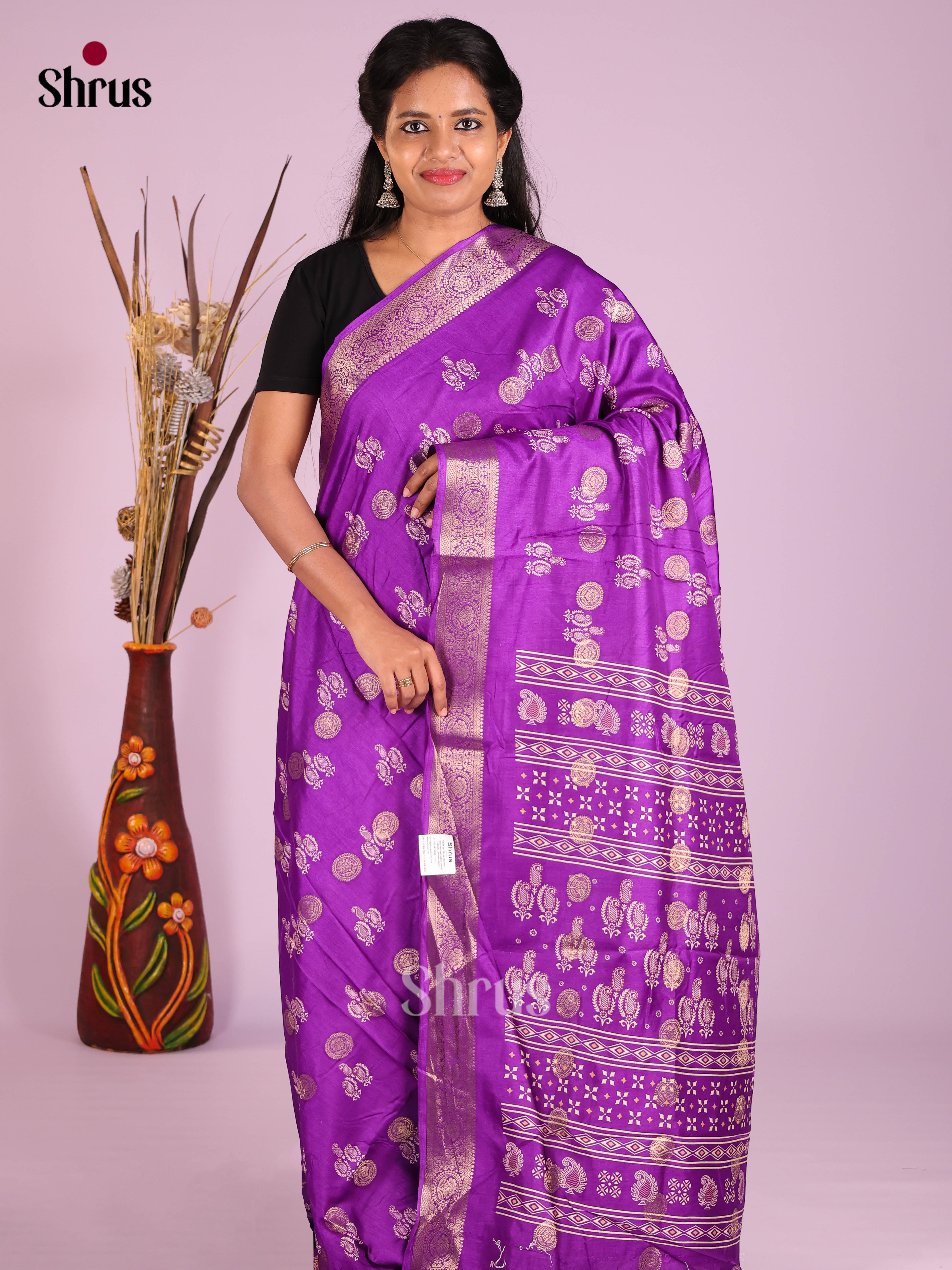 Purple - Semi Crepe Saree