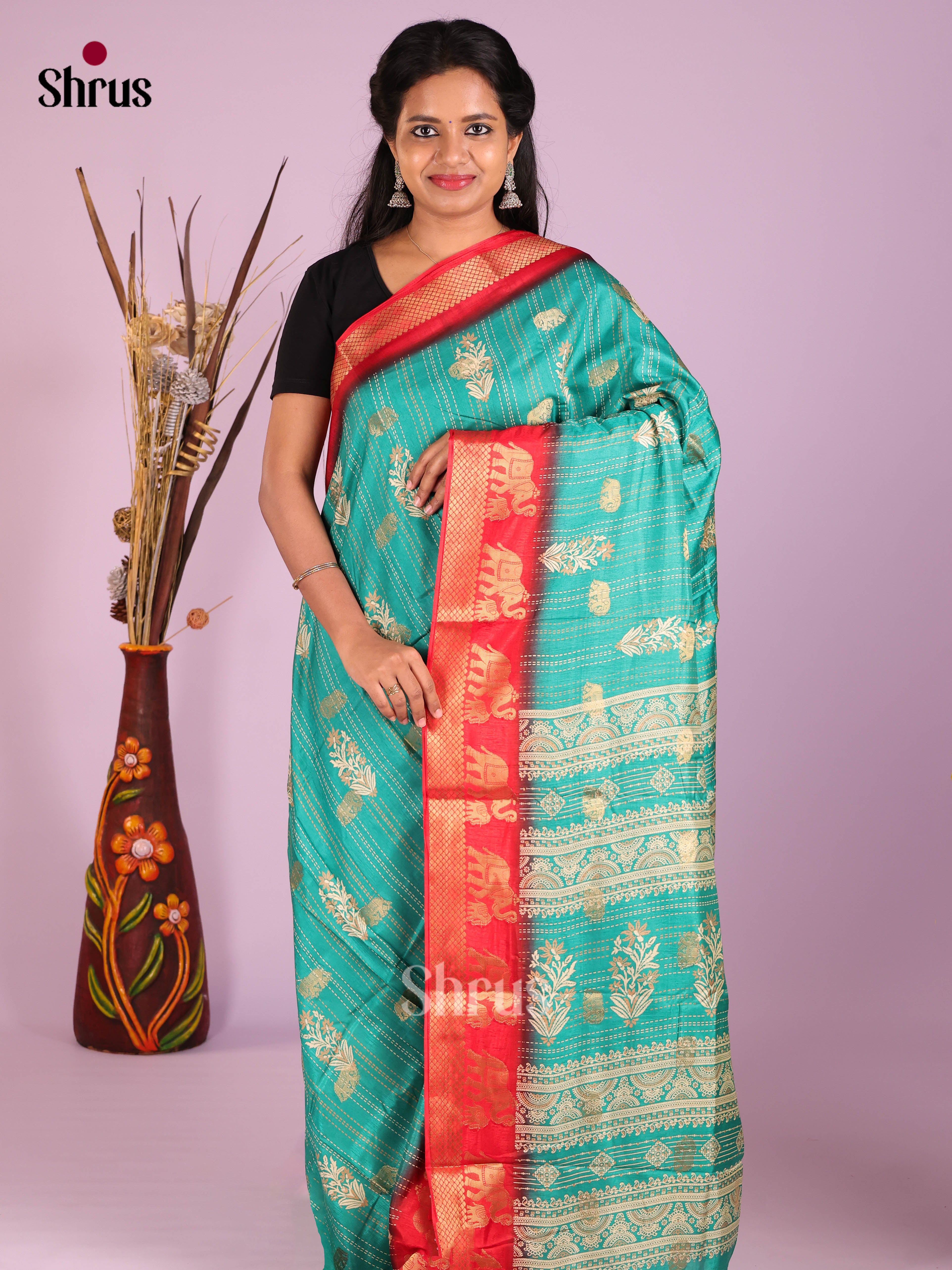 Pastel Blue & Red- Semi Crepe Saree - Shop on Shrus.com