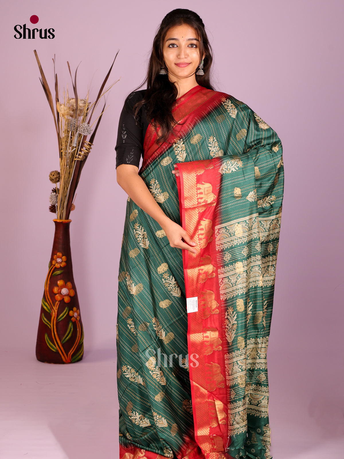 Green & Red- Semi Crepe Saree - Shop on Shrus.com