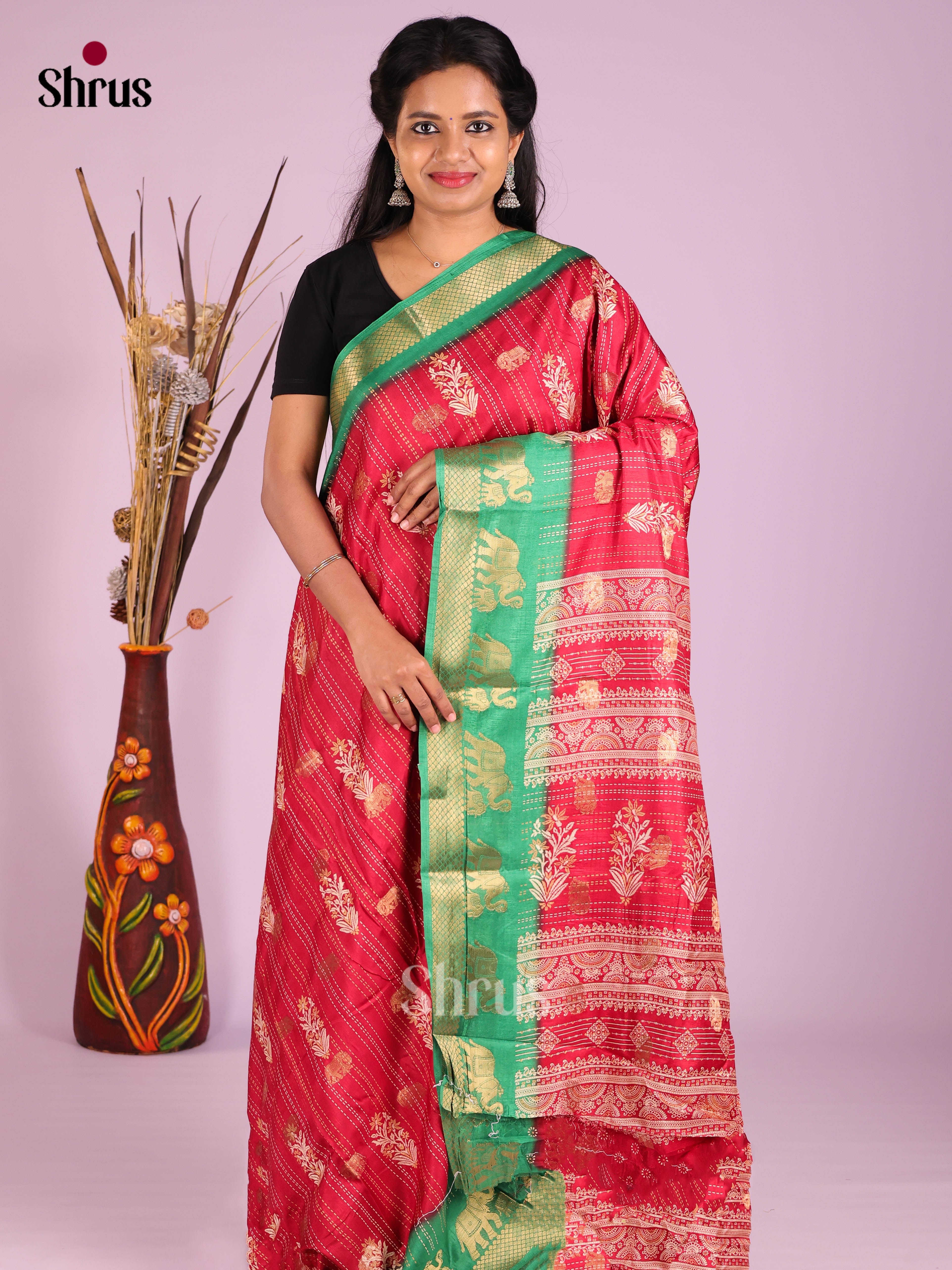 Red & Green - Semi Crepe Saree - Shop on Shrus.com