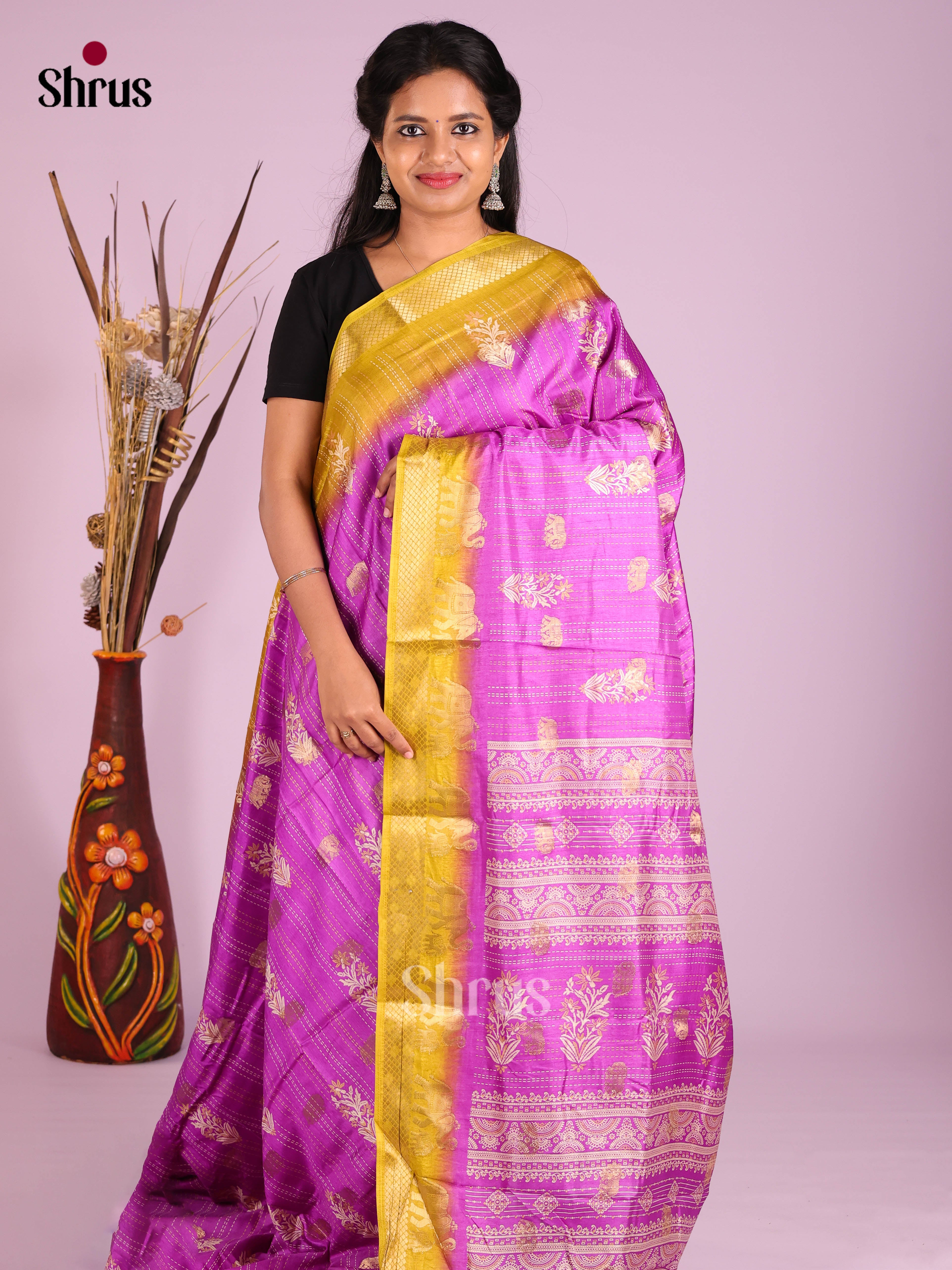 Purple & Yellow- Semi Crepe Saree - Shop on Shrus.com