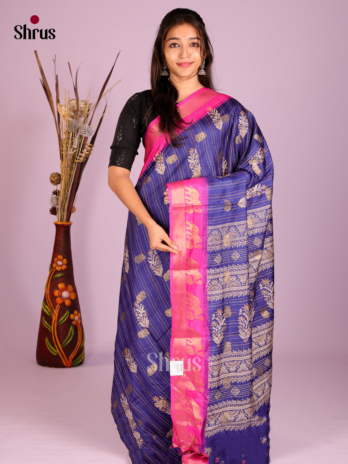 Blue & Pink - Semi Crepe Saree