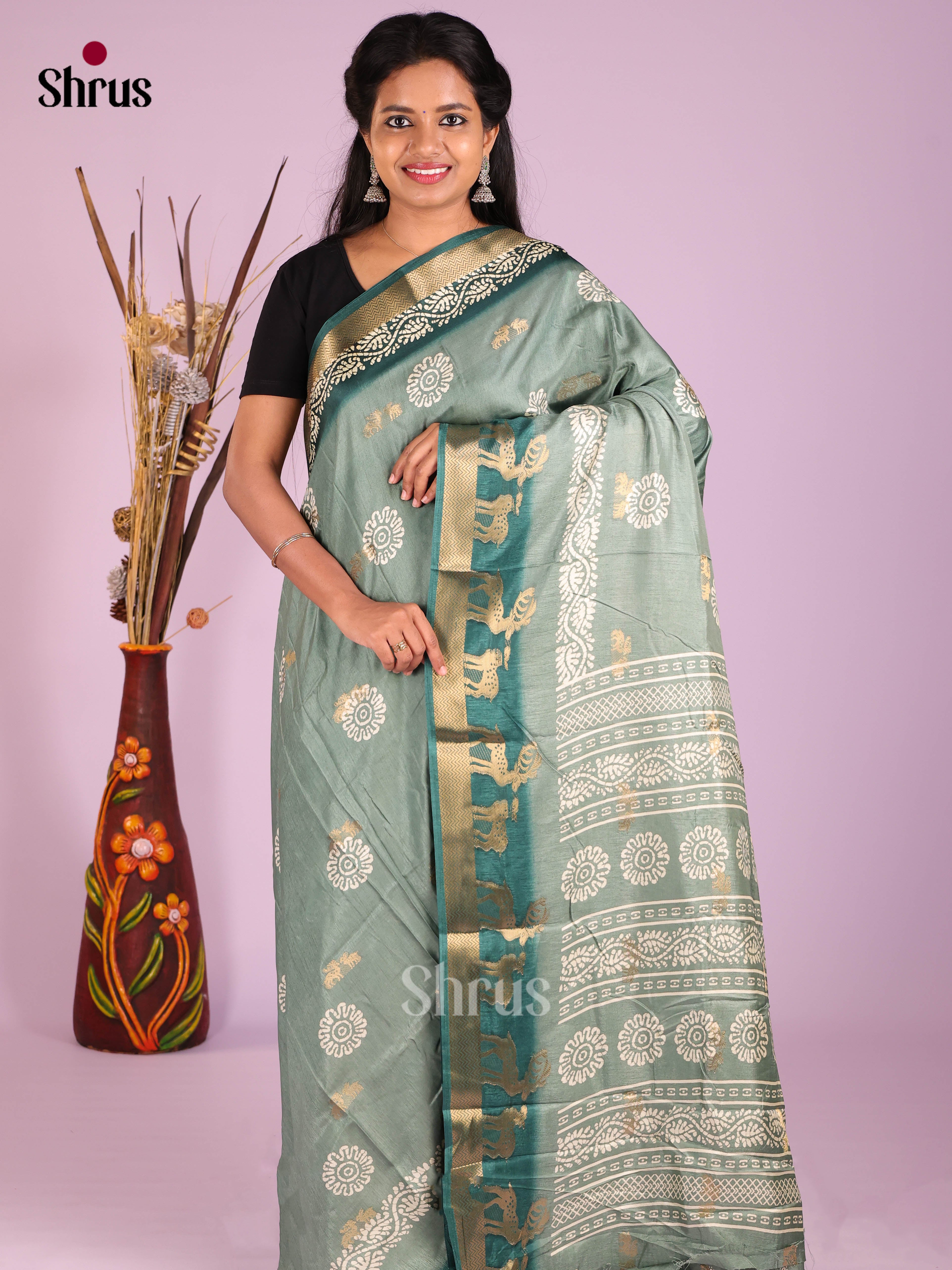 Grey & Green - Semi Crepe Saree - Shop on Shrus.com