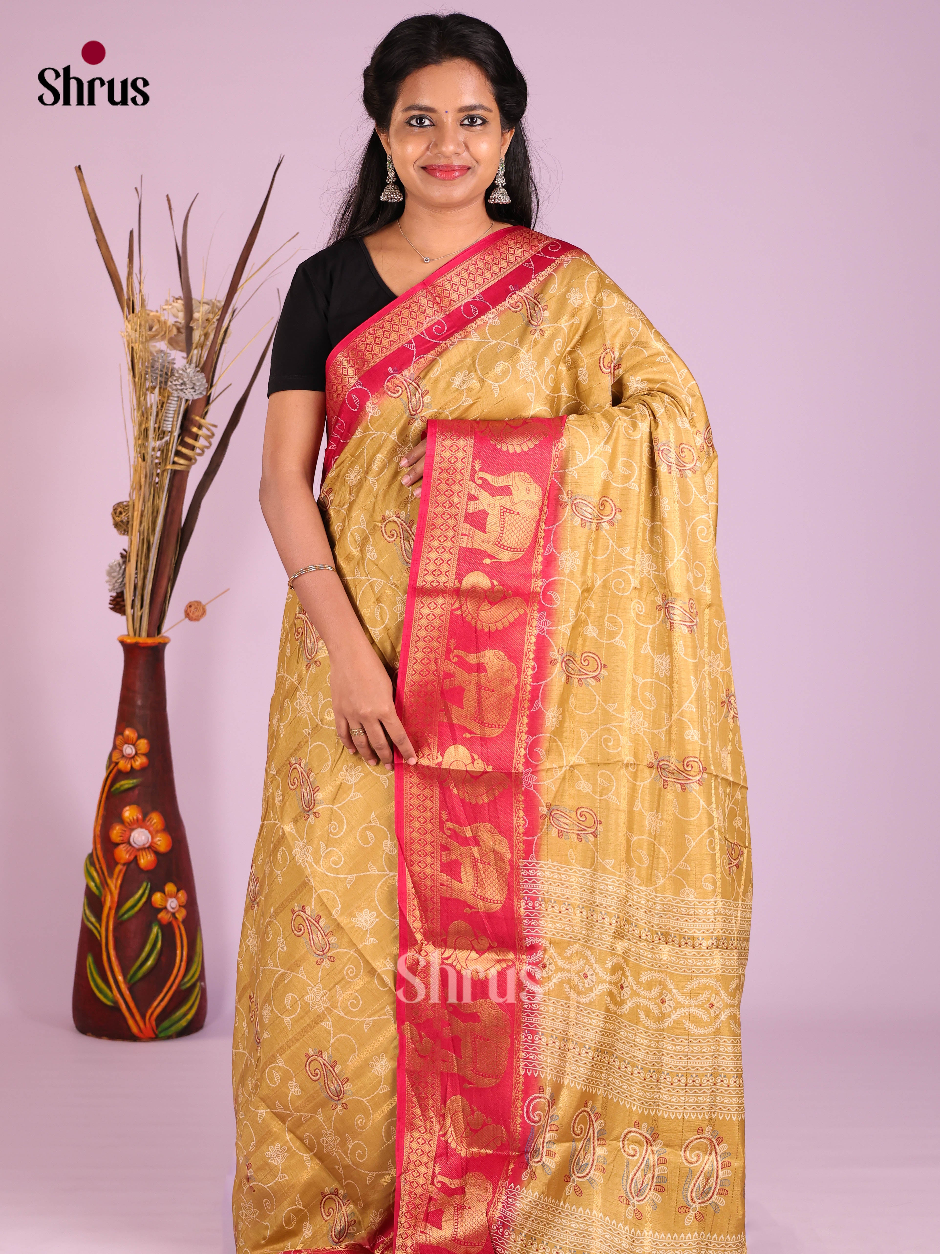 Mustard & Red - Semi Crepe Saree - Shop on Shrus.com