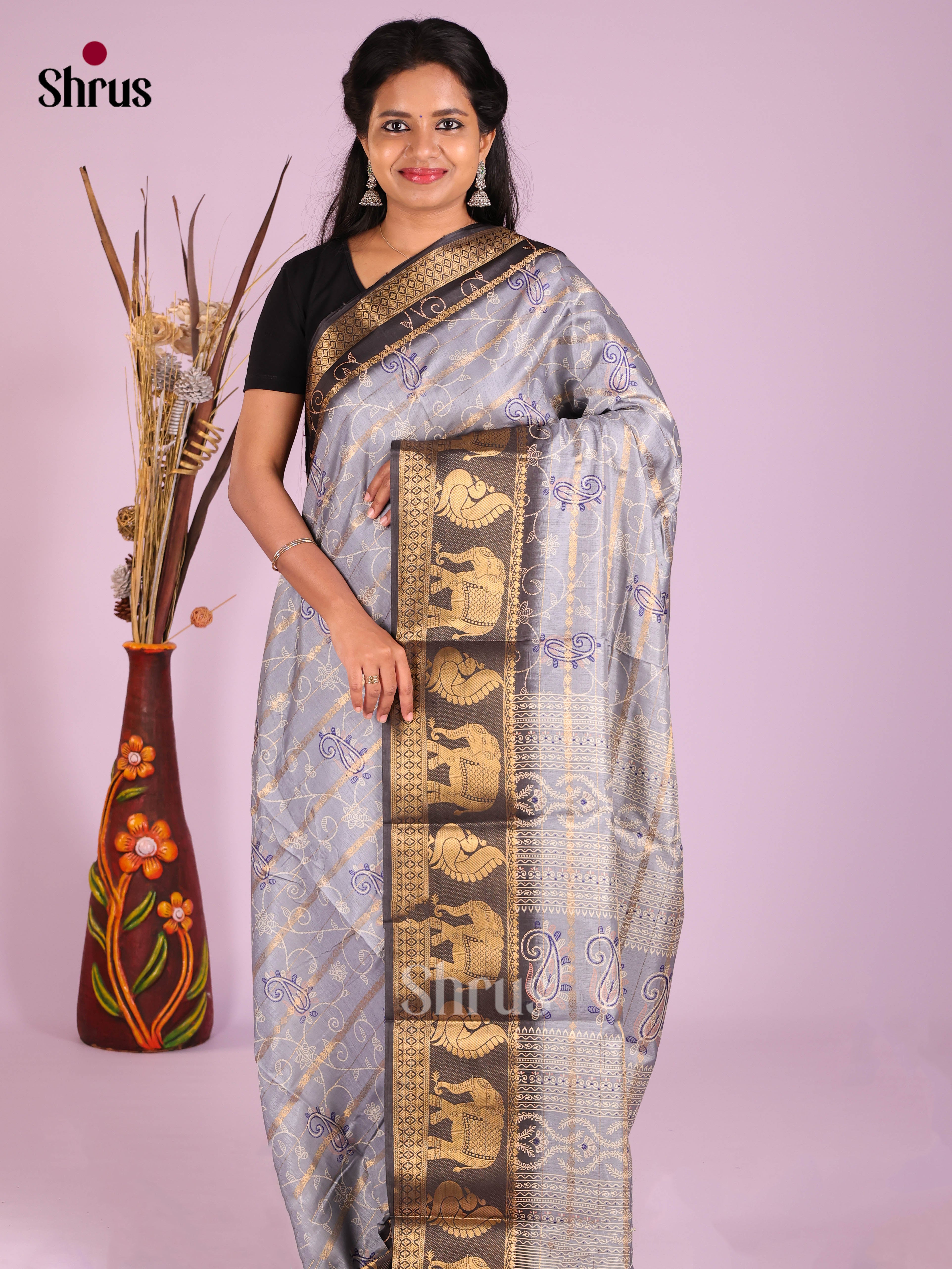 Grey & Black- Semi Crepe Saree - Shop on Shrus.com