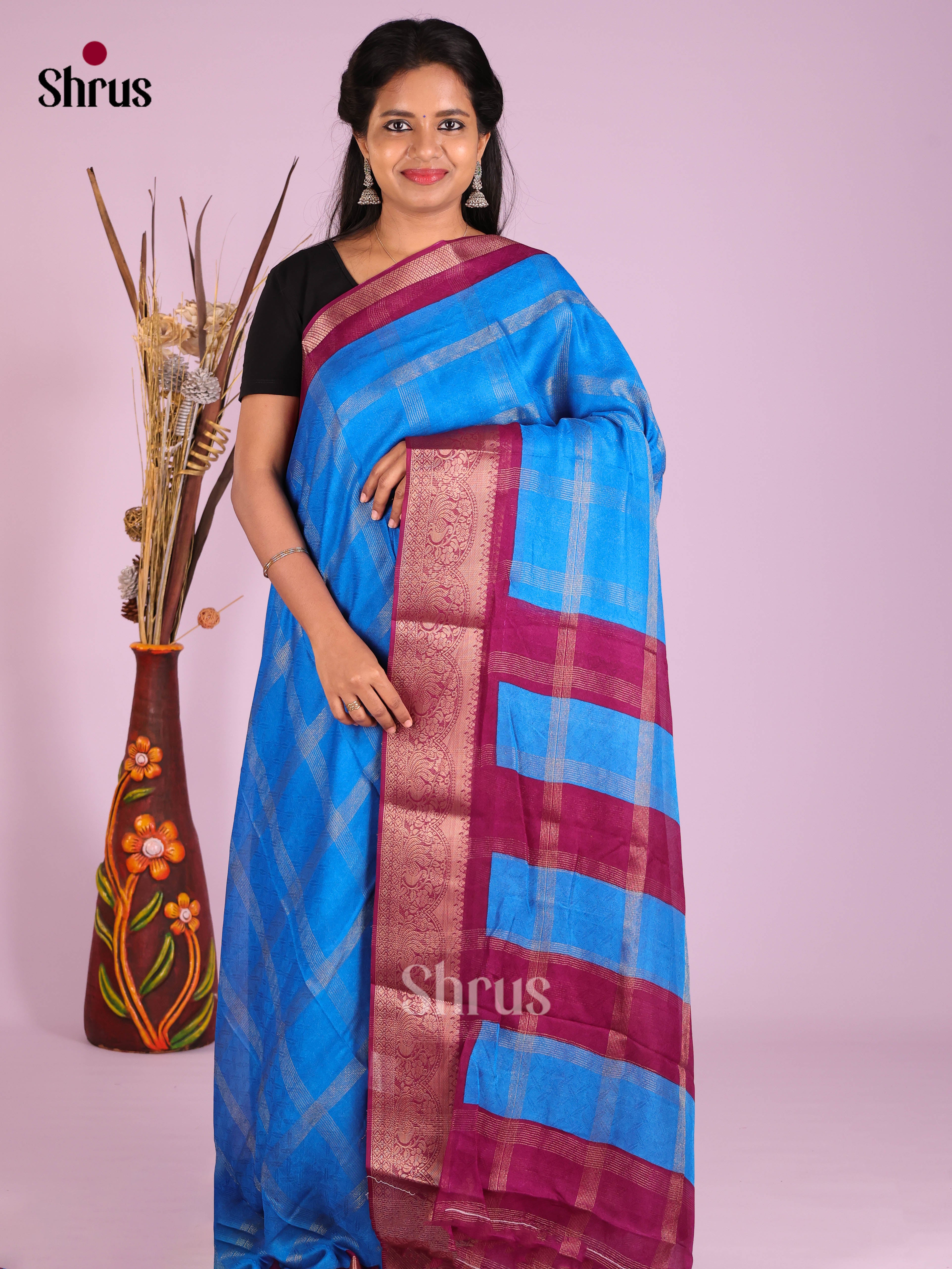 Blue & Maroon- Semi Crepe Saree