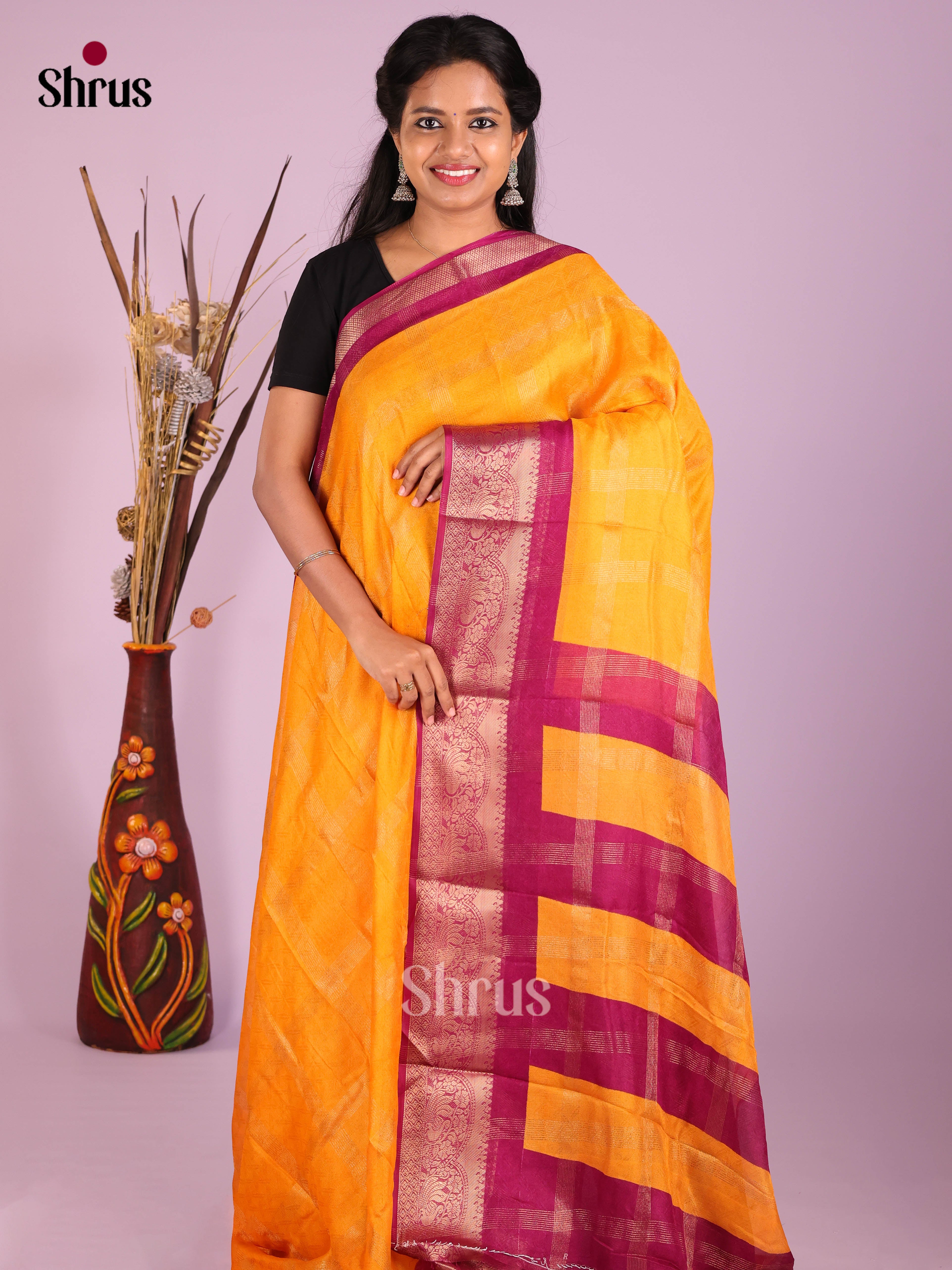 Mango Yellow & Purple - Semi Crepe Saree - Shop on Shrus.com