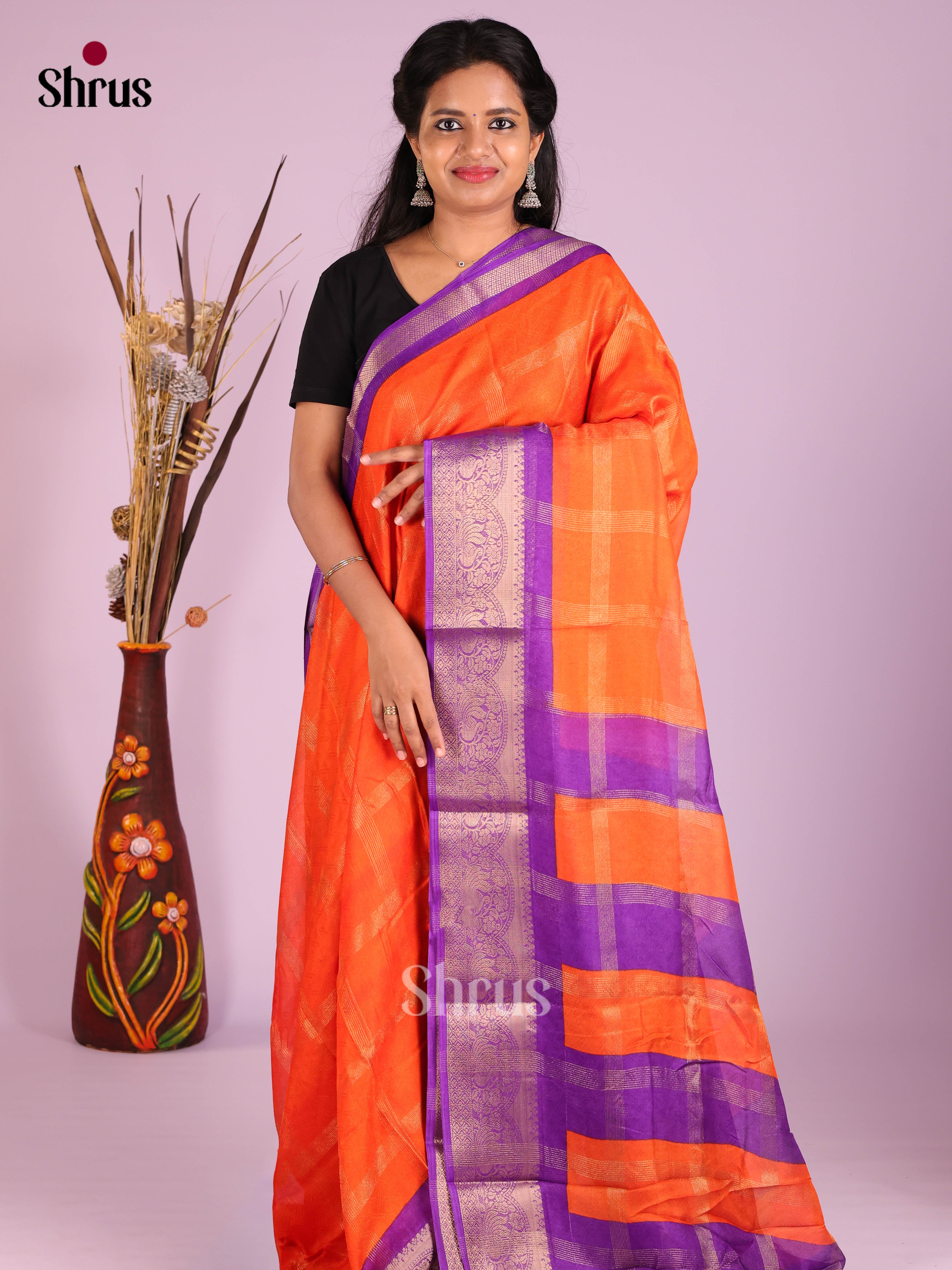 Orange & Purple- Semi Crepe Saree - Shop on Shrus.com