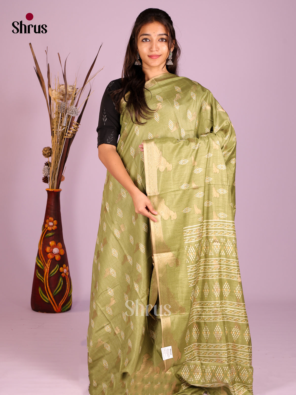 Green - Semi Crepe Saree - Shop on Shrus.com