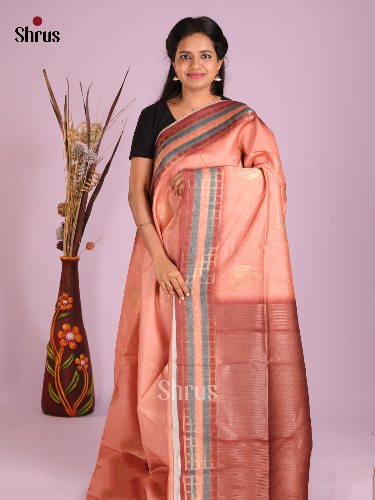 Peach & Grey - Semi Tussar Saree