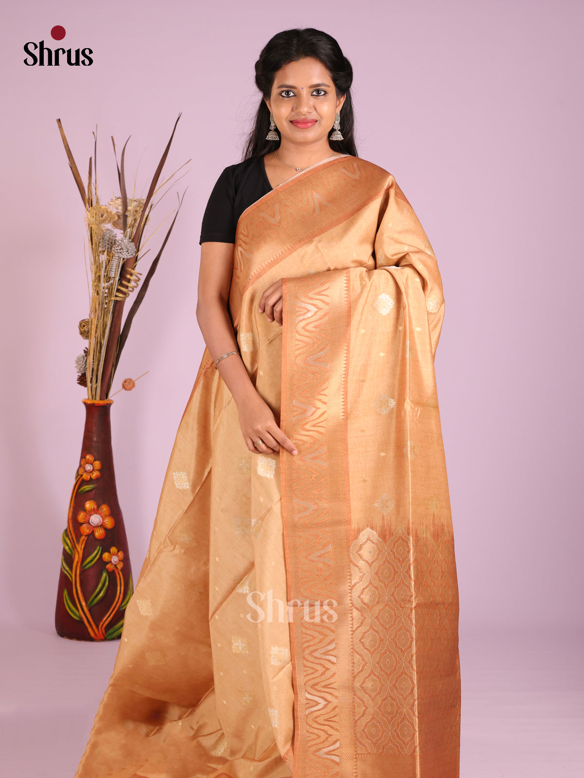 Peach & Brown - Semi Tussar Saree