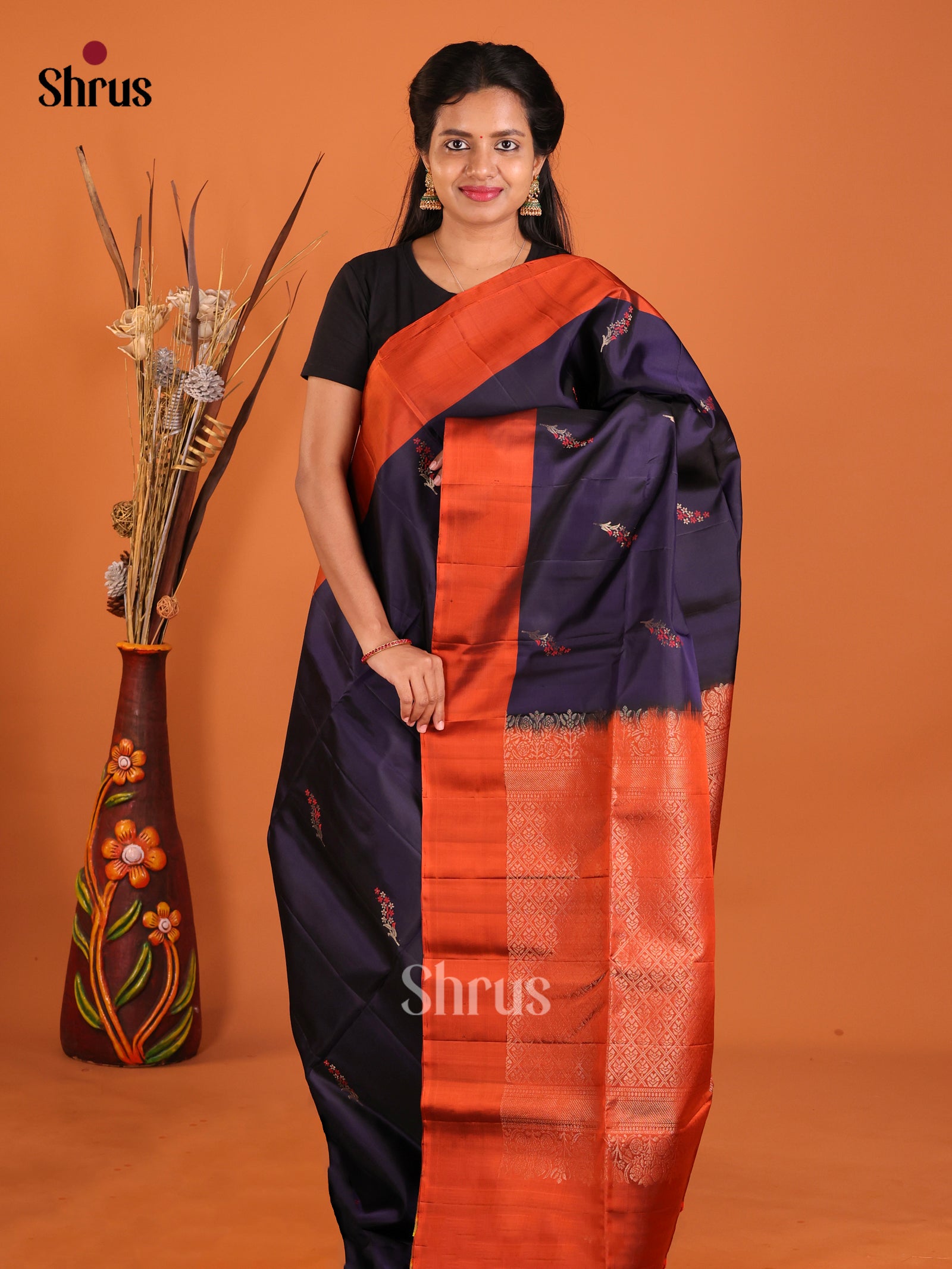 Magnificent Navy Blue Soft Silk Saree with Embroidered Flowers & Orange Brocade Pallu