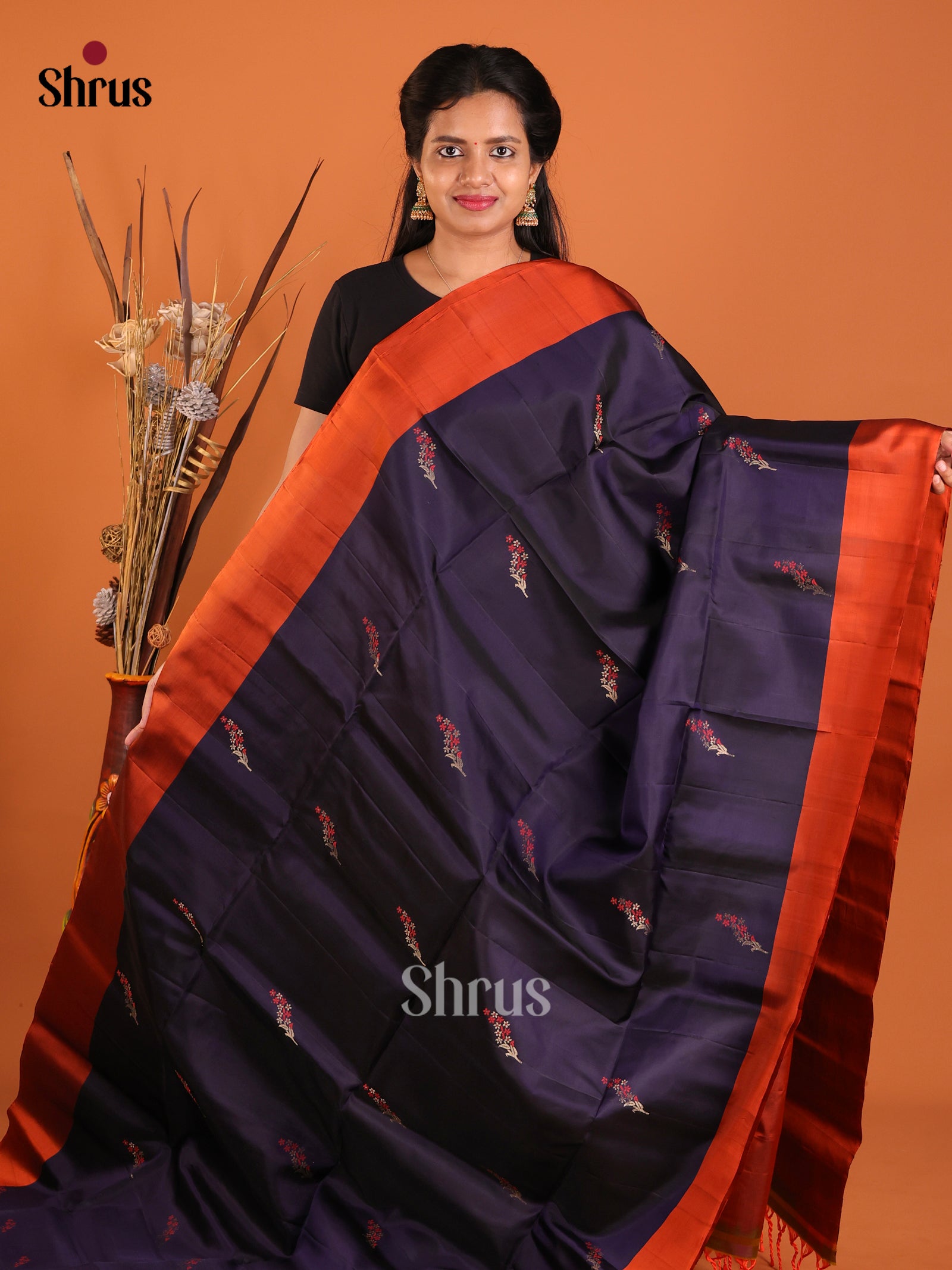 Magnificent Navy Blue Soft Silk Saree with Embroidered Flowers & Orange Brocade Pallu 1