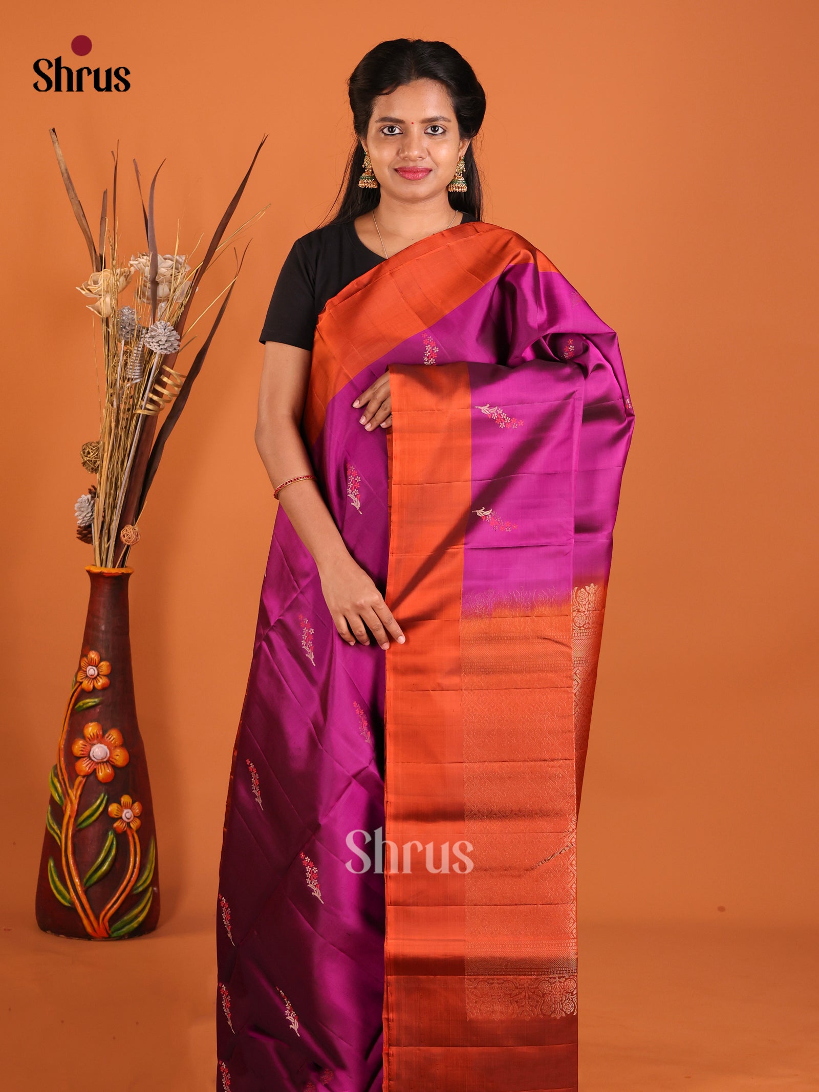 Chic Magenta Soft Silk Saree with Zari Flowers & Orange Brocade Pallu
