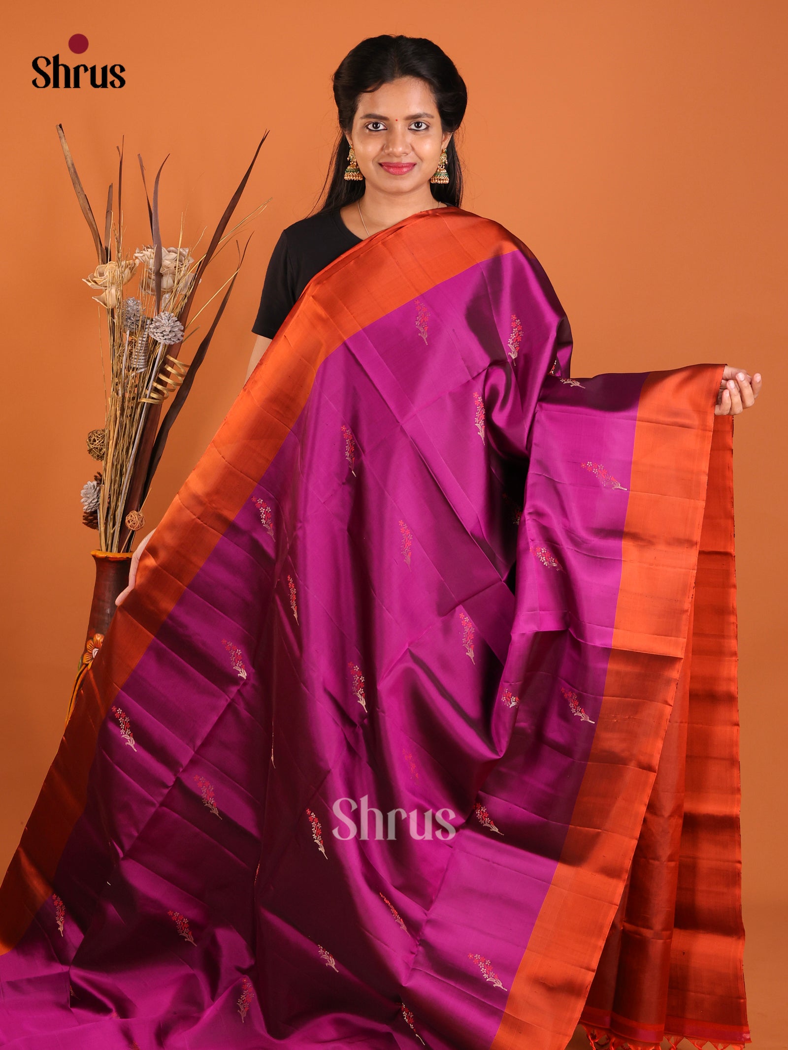 Chic Magenta Soft Silk Saree with Zari Flowers & Orange Brocade Pallu 1