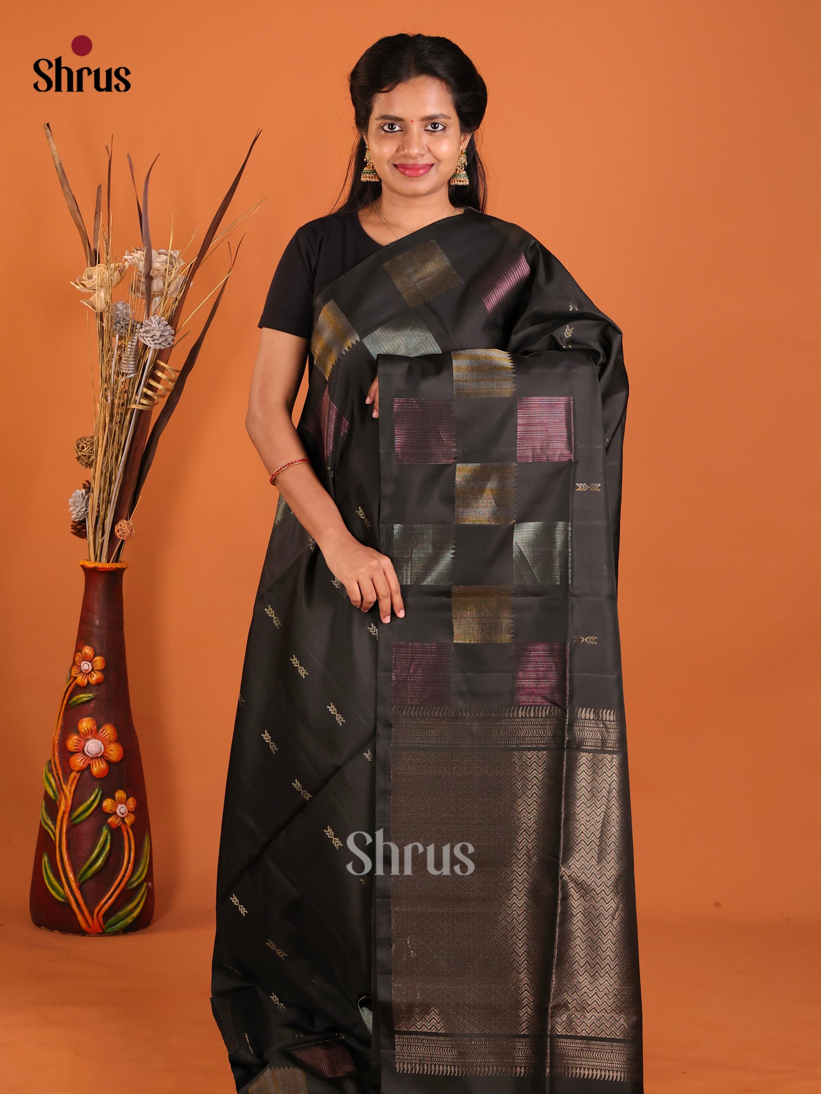 Mystique Black Pure Soft Silk Saree With Golden Motifs & Zari Blocks Border