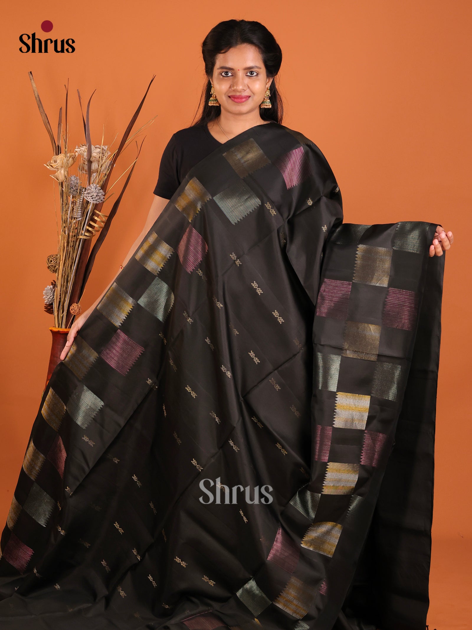 Mystique Black Pure Soft Silk Saree With Golden Motifs & Zari Blocks Border 1