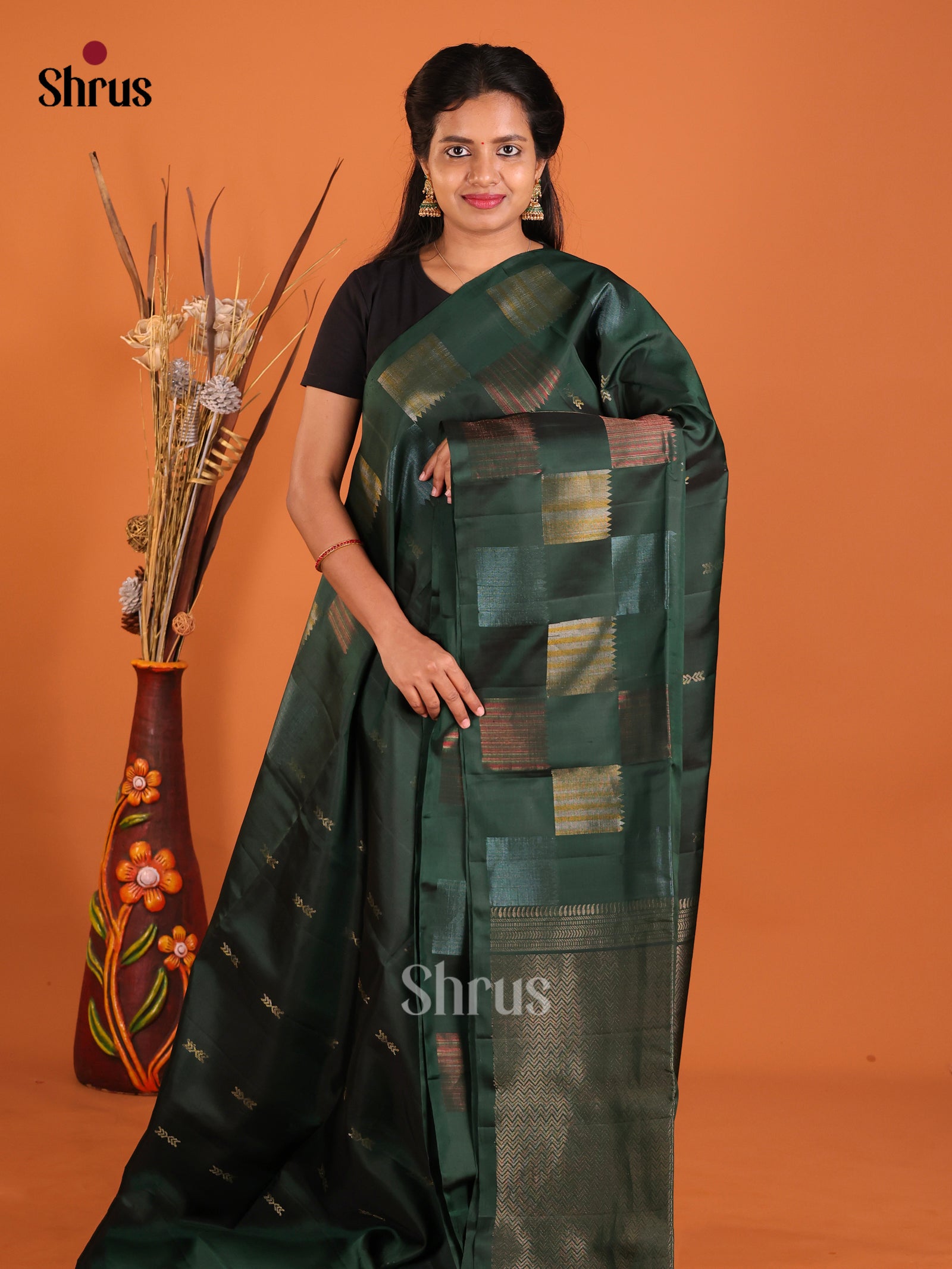 Lustrous Dark Green Pure Soft Silk Saree With Golden Motifs & Zari Blocks Border