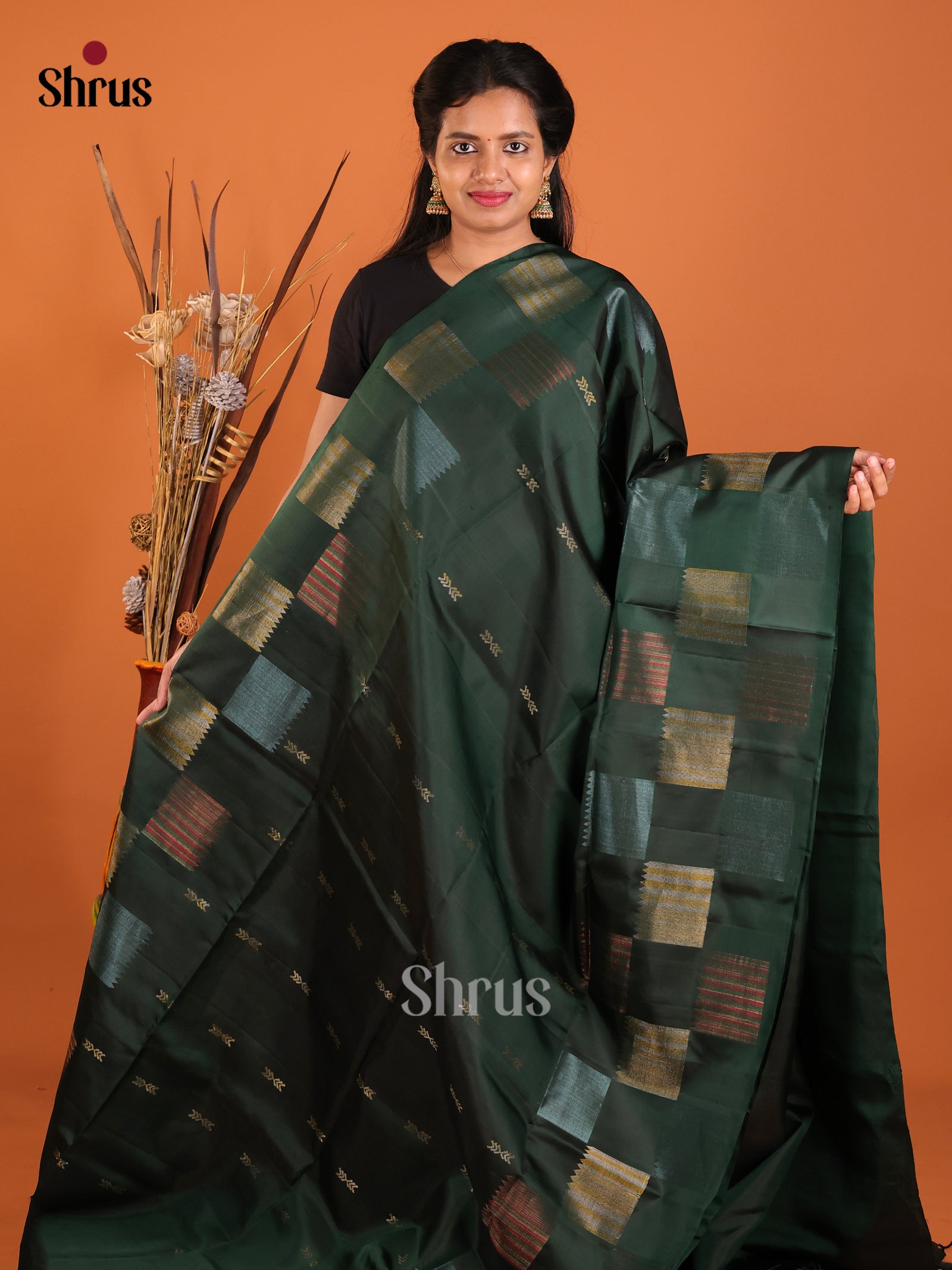 Lustrous Dark Green Pure Soft Silk Saree With Golden Motifs & Zari Blocks Border 1