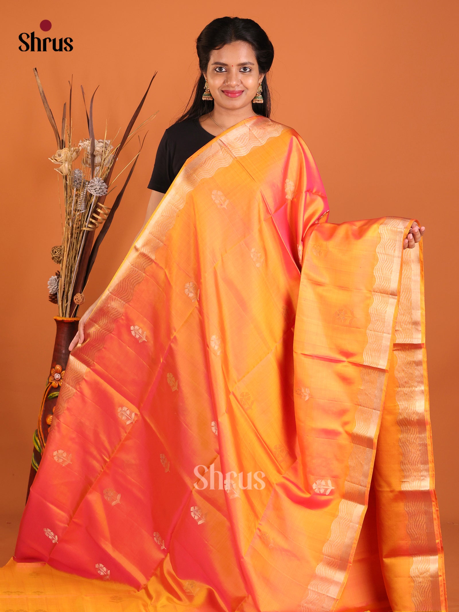 bright orange Soft Silk Saree -1