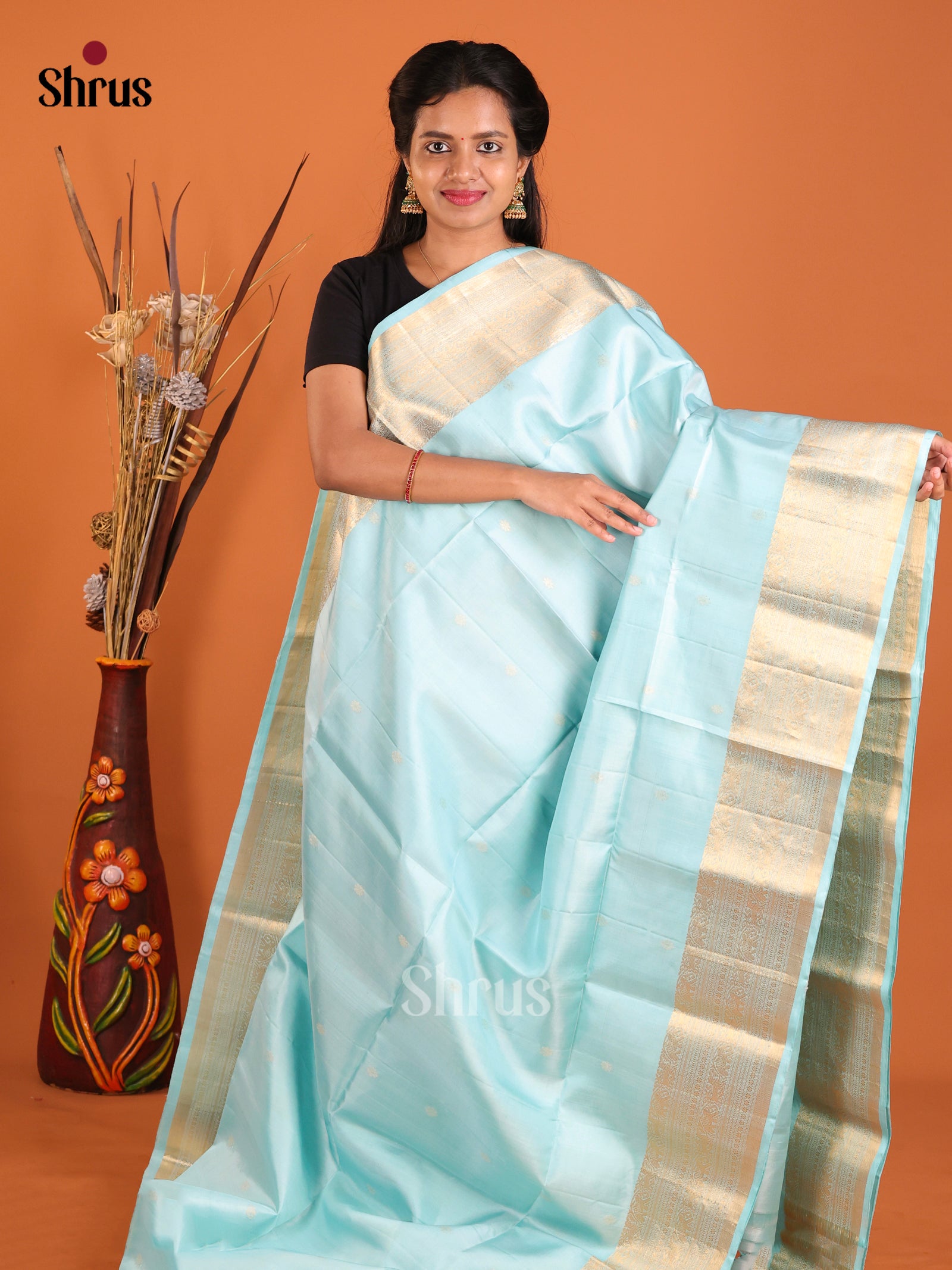 Serene Aqua Blue Soft Silk Saree With Golden Buttas & Zari Woven Border 1