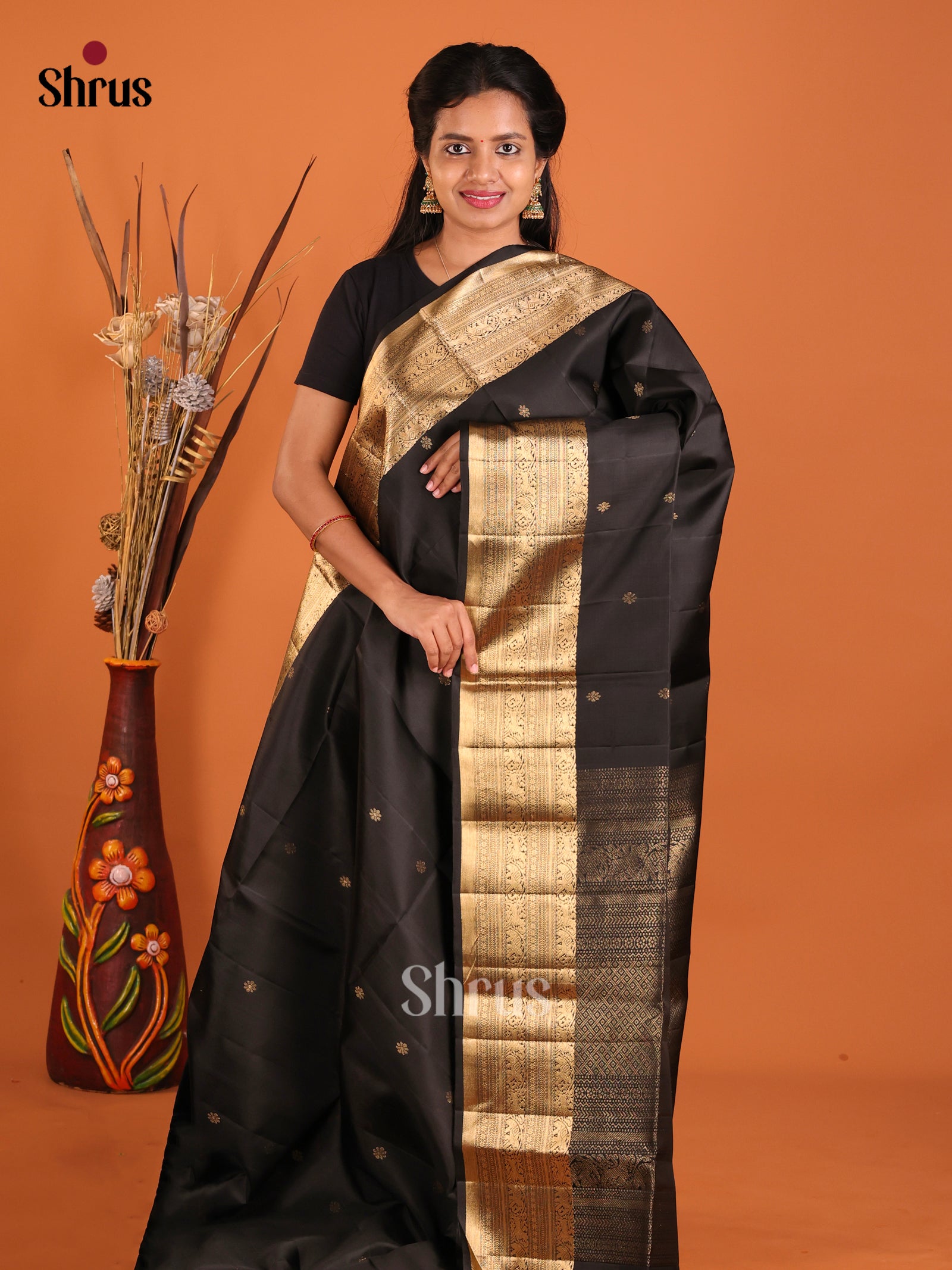 Classic Black Soft Silk Saree With Golden Buttas & Zari Woven Self Border
