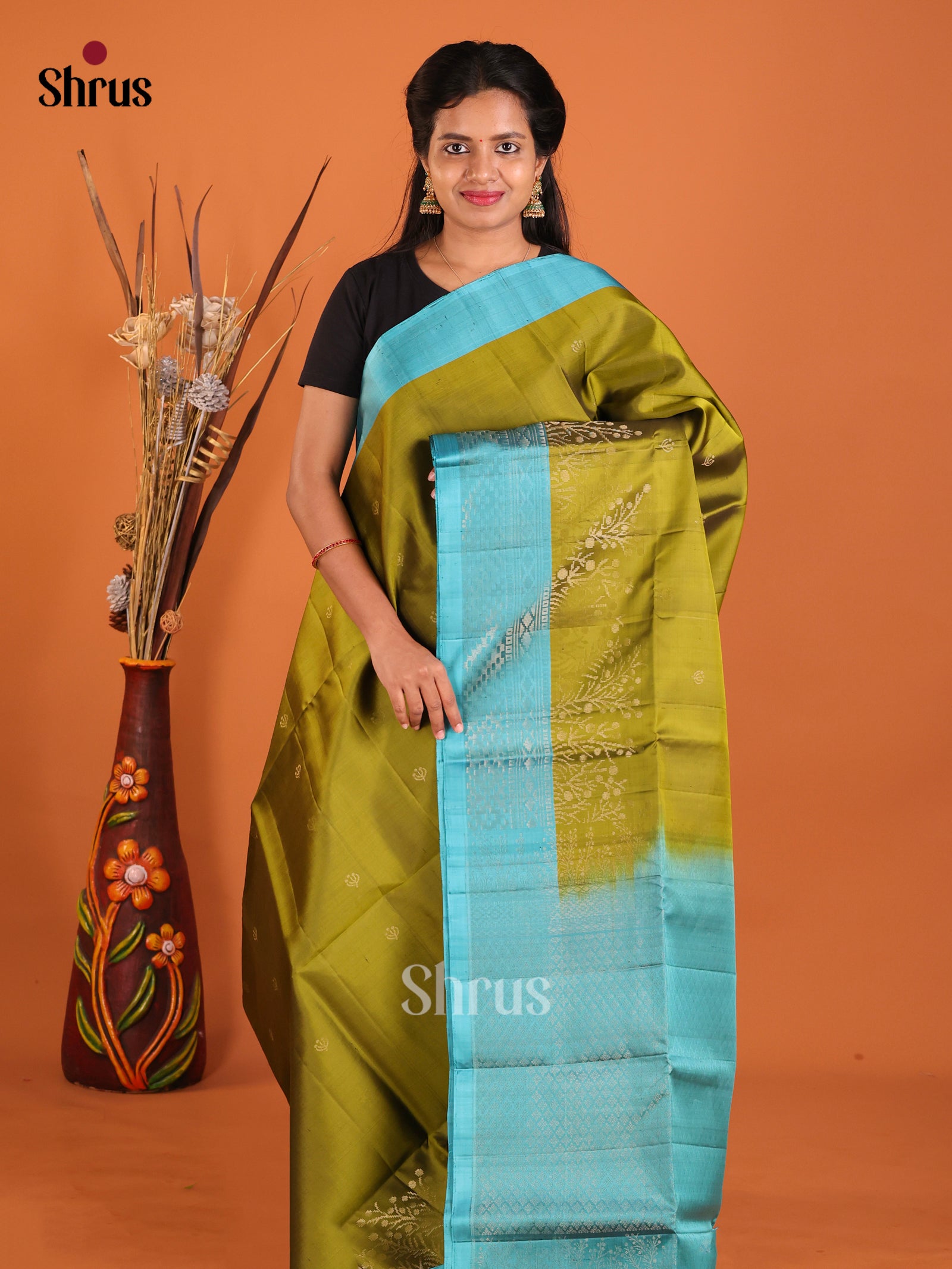 Beautiful Olive Green Soft Silk Saree With Zari Buttas & Aqua Blue Brocade Pallu