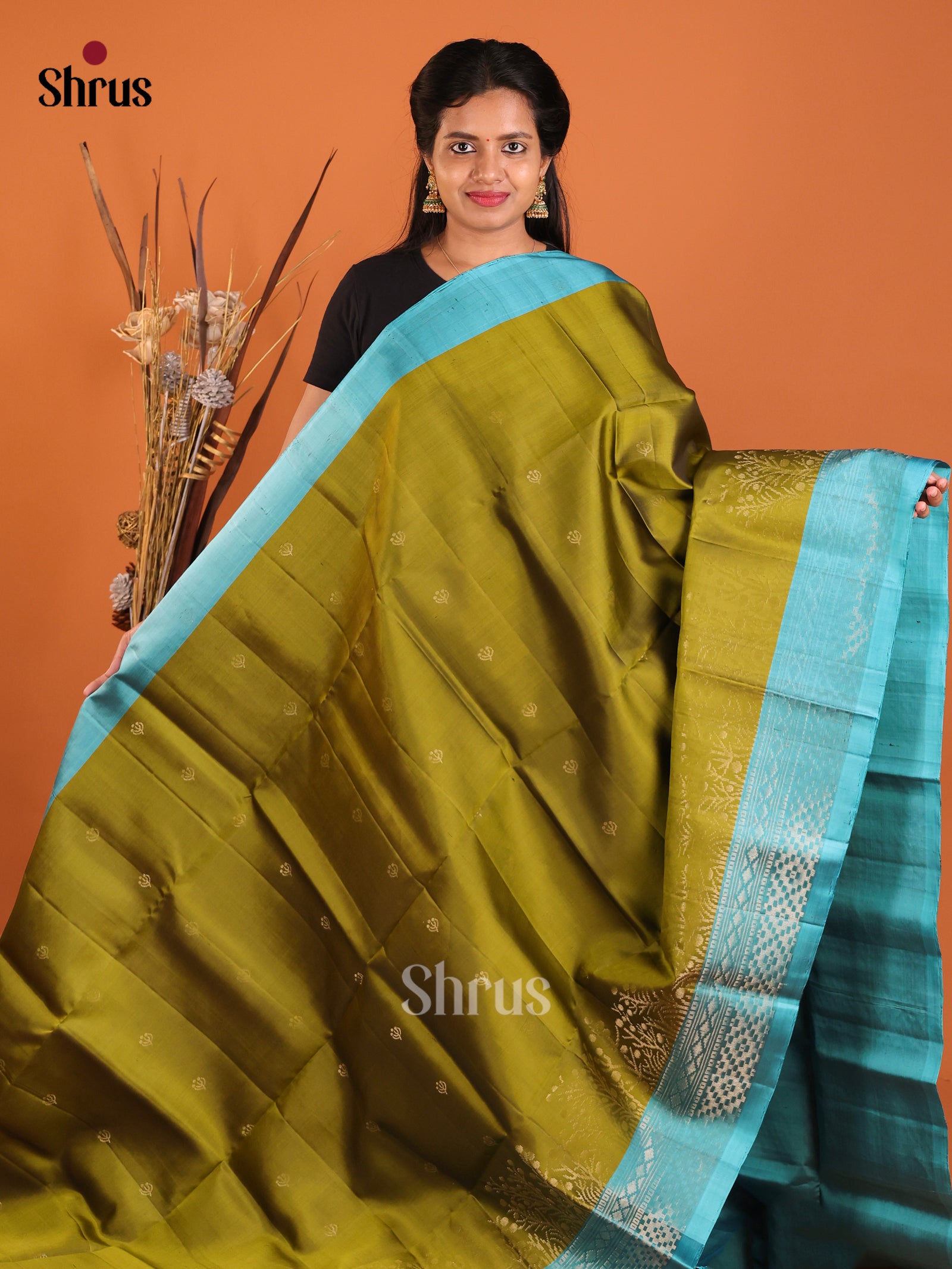 Beautiful Olive Green Soft Silk Saree With Zari Buttas & Aqua Blue Brocade Pallu 1