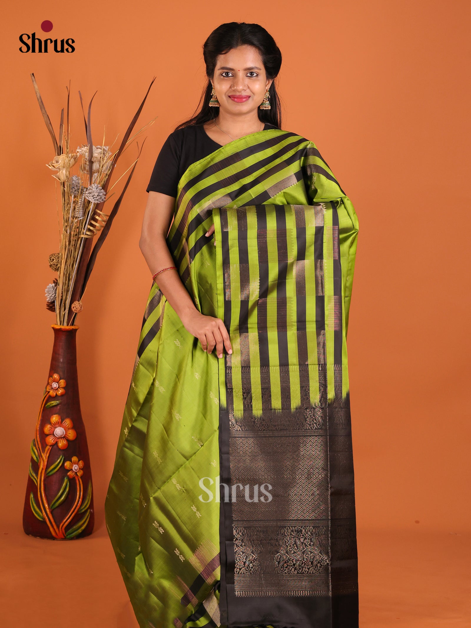 Bold Lime Green Soft Silk Saree With Zari Motifs & Black Stripes Border