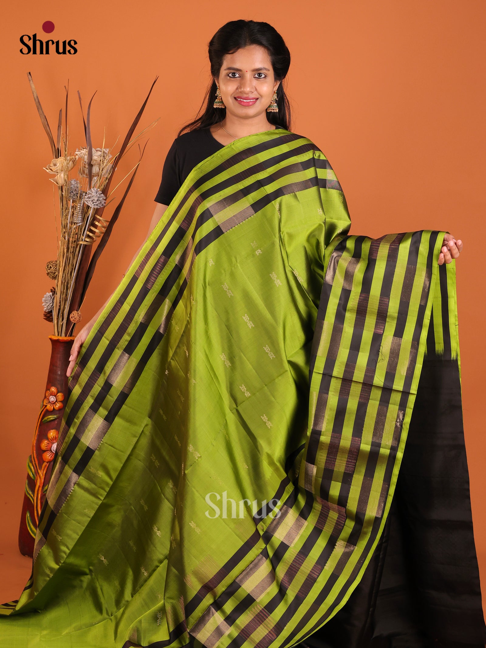 Bold Lime Green Soft Silk Saree With Zari Motifs & Black Stripes Border 1