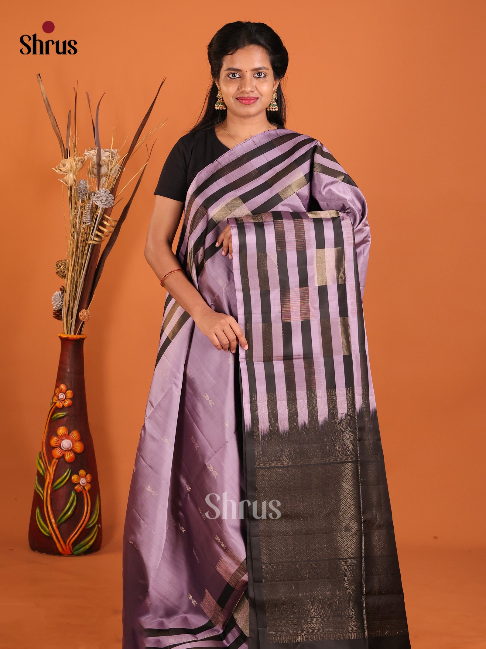 Chic Lavender Soft Silk Saree With Zari Motifs & Black Striped Border