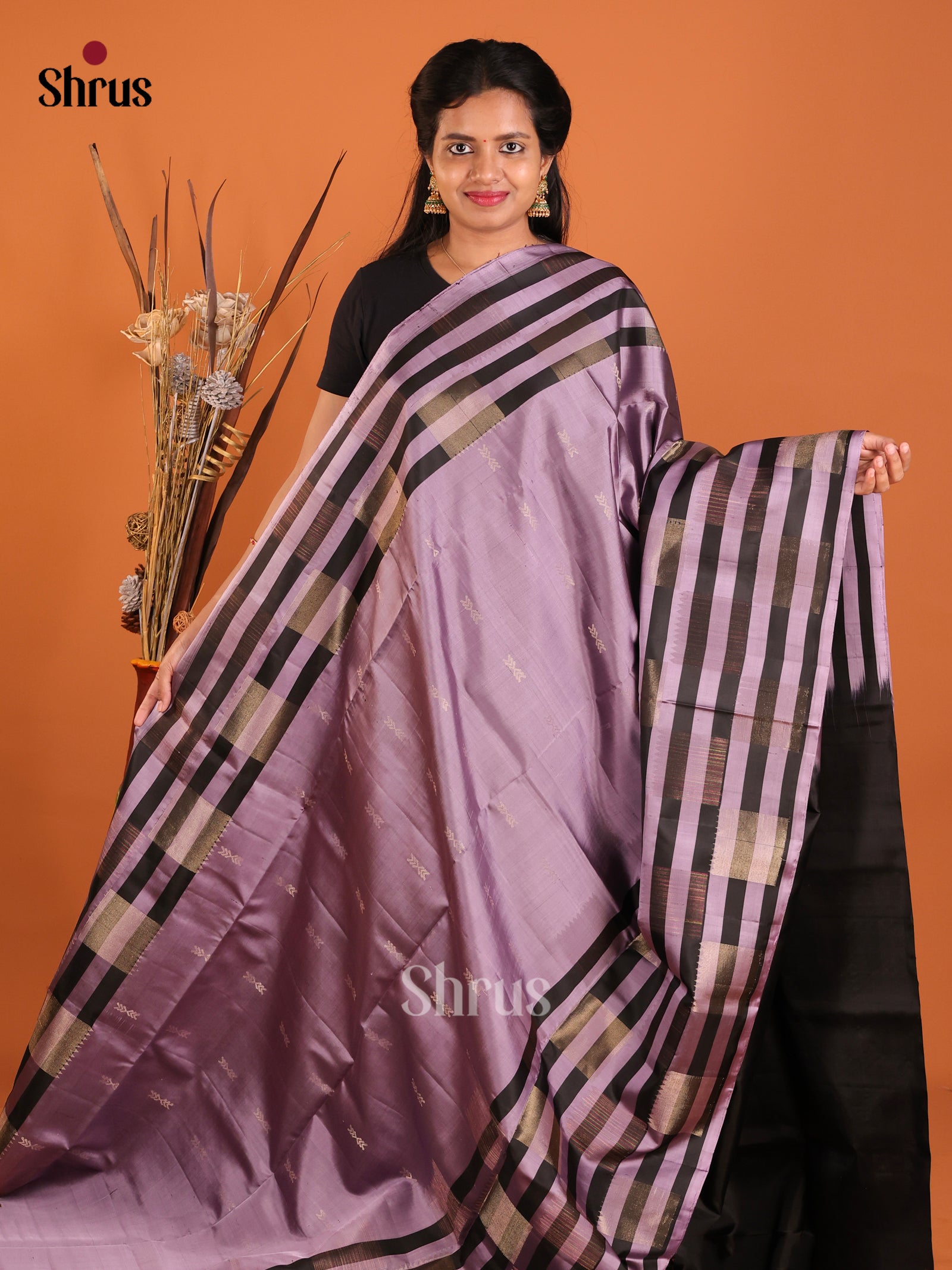 Chic Lavender Soft Silk Saree With Zari Motifs & Black Striped Border 1