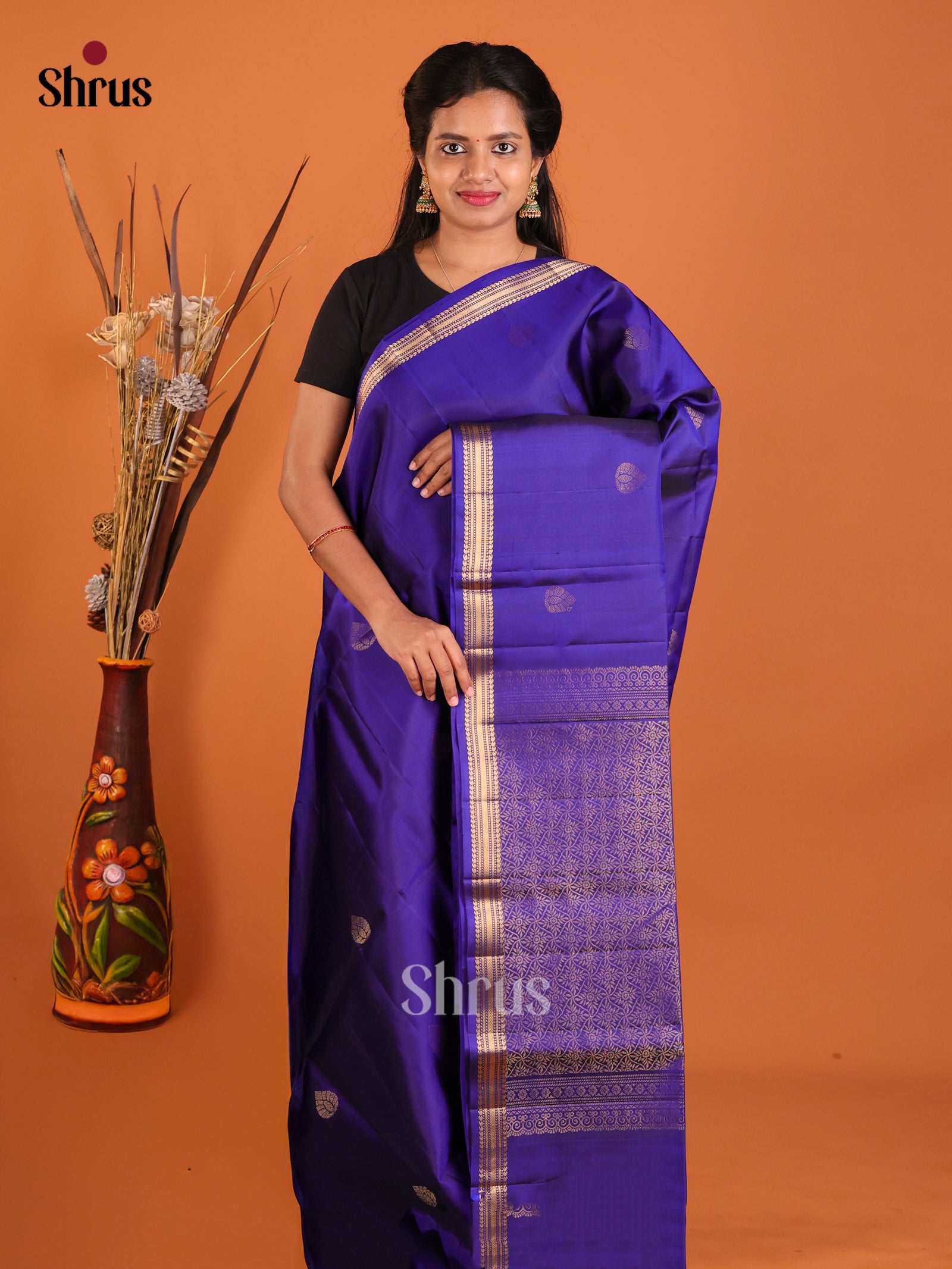 Stunning Royal Blue Soft Silk Saree With Golden Motifs & Zari Woven Small Border