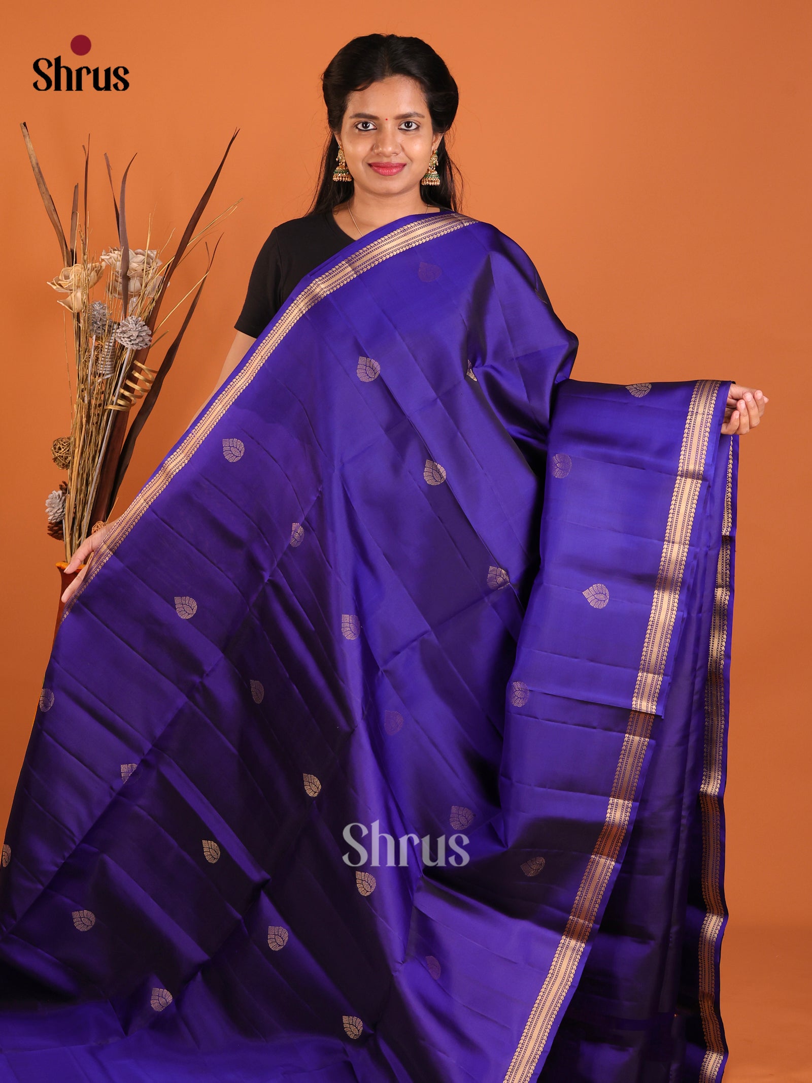 Stunning Royal Blue Soft Silk Saree With Golden Motifs & Zari Woven Small Border 1