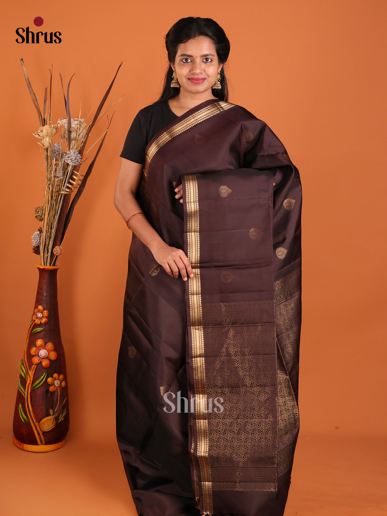 Magnificent Coffee Brown Soft Silk Saree With Golden Motifs & ZAri Woven Small Border