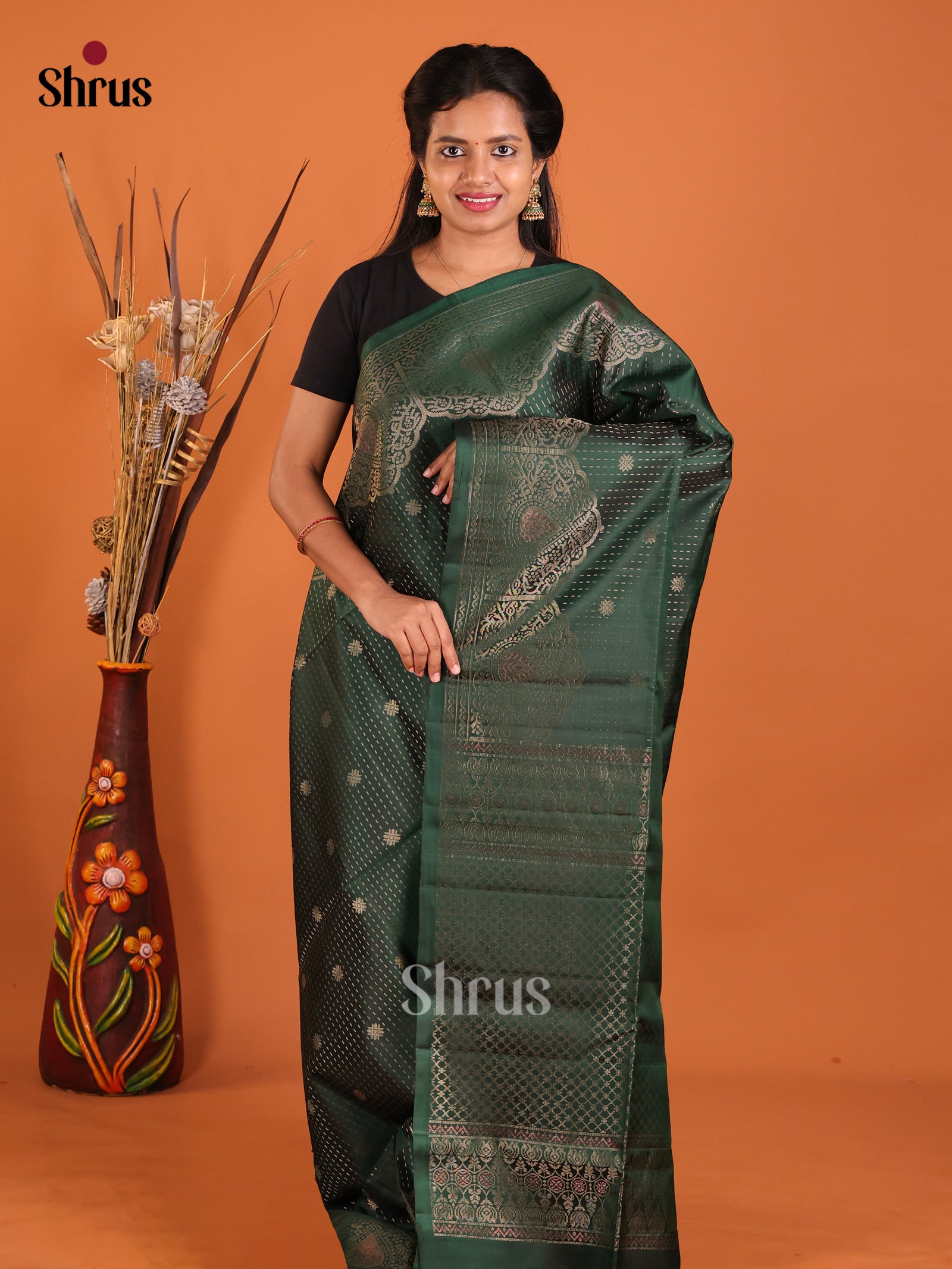 Exquisite Deep Green Soft Silk Saree With Intricate Zari Buttas & Brocade Pallu
