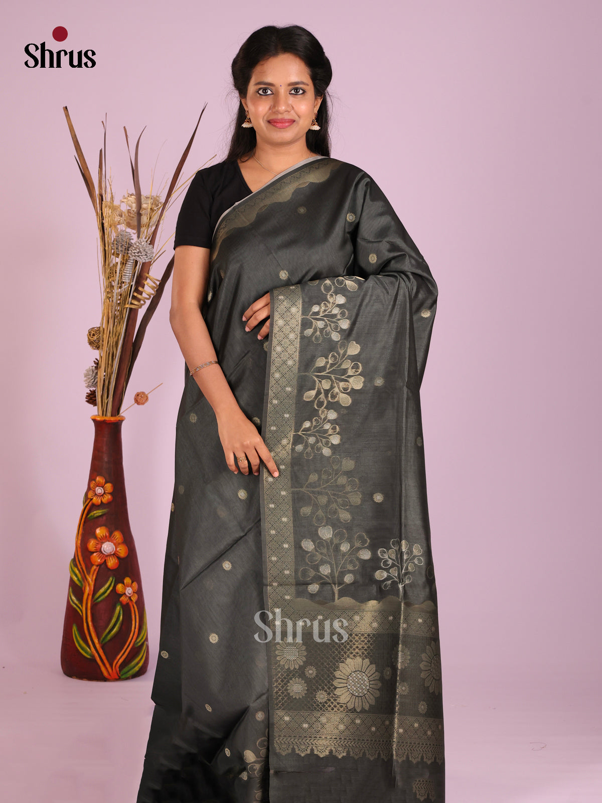 Elephant Black - Semi Tussar Saree