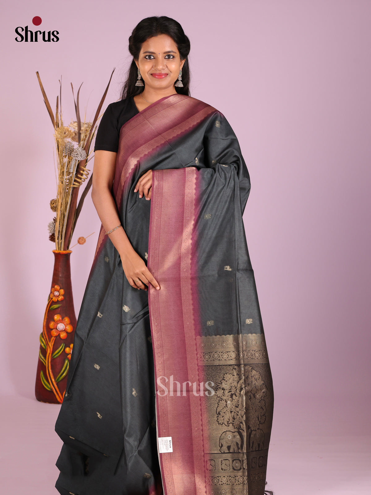 Elephant Black & Purple - Semi Tussar Saree