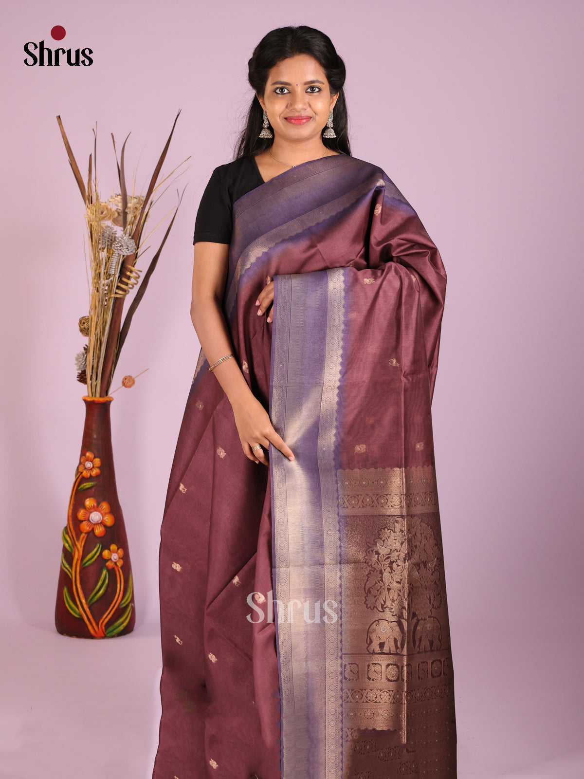 Brown & Blue - Semi Tussar Saree