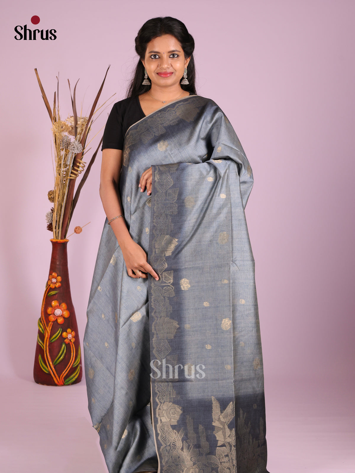 Grey - Semi Tussar Saree