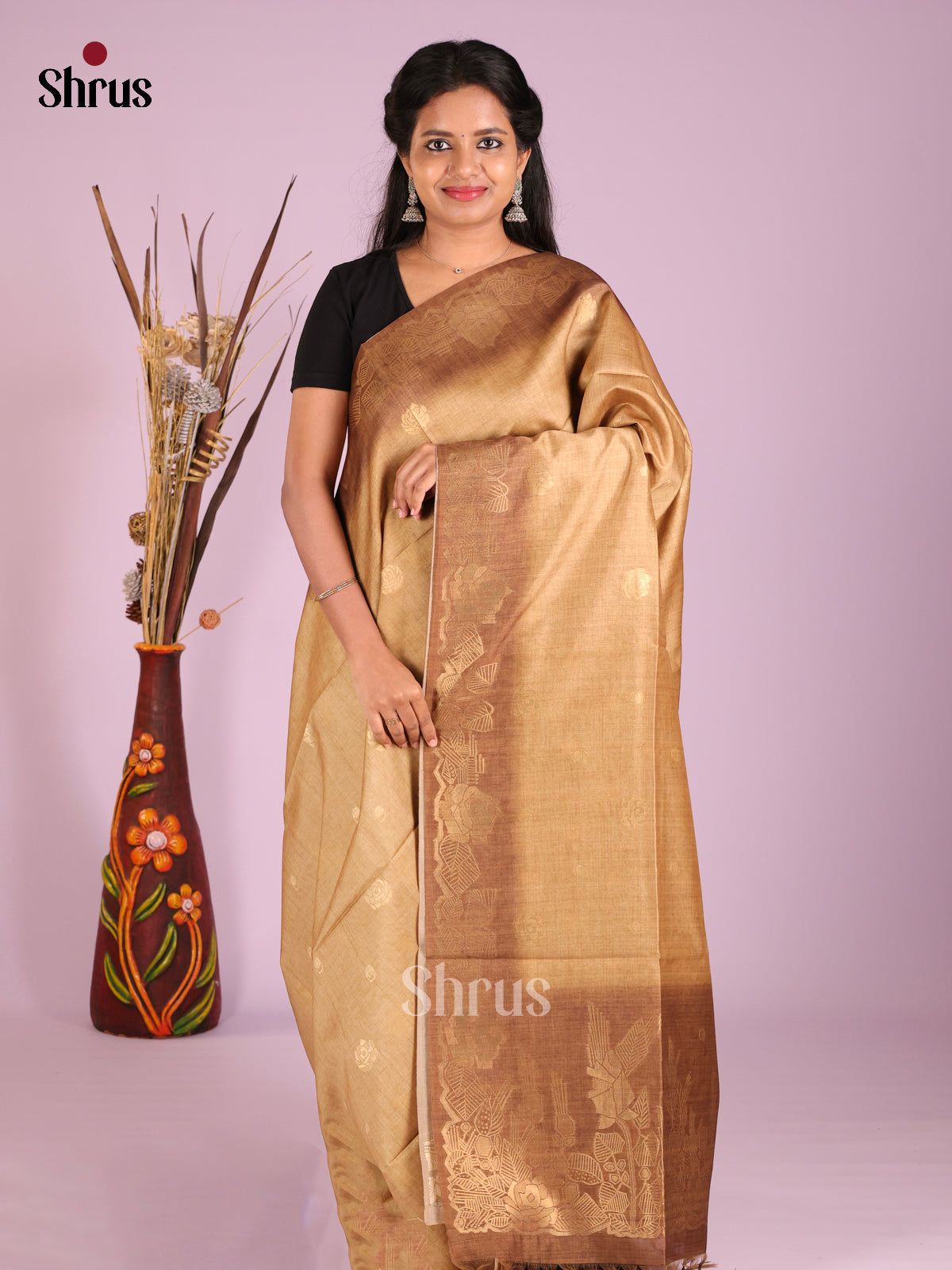 Beige & Brown - Semi Tussar Saree