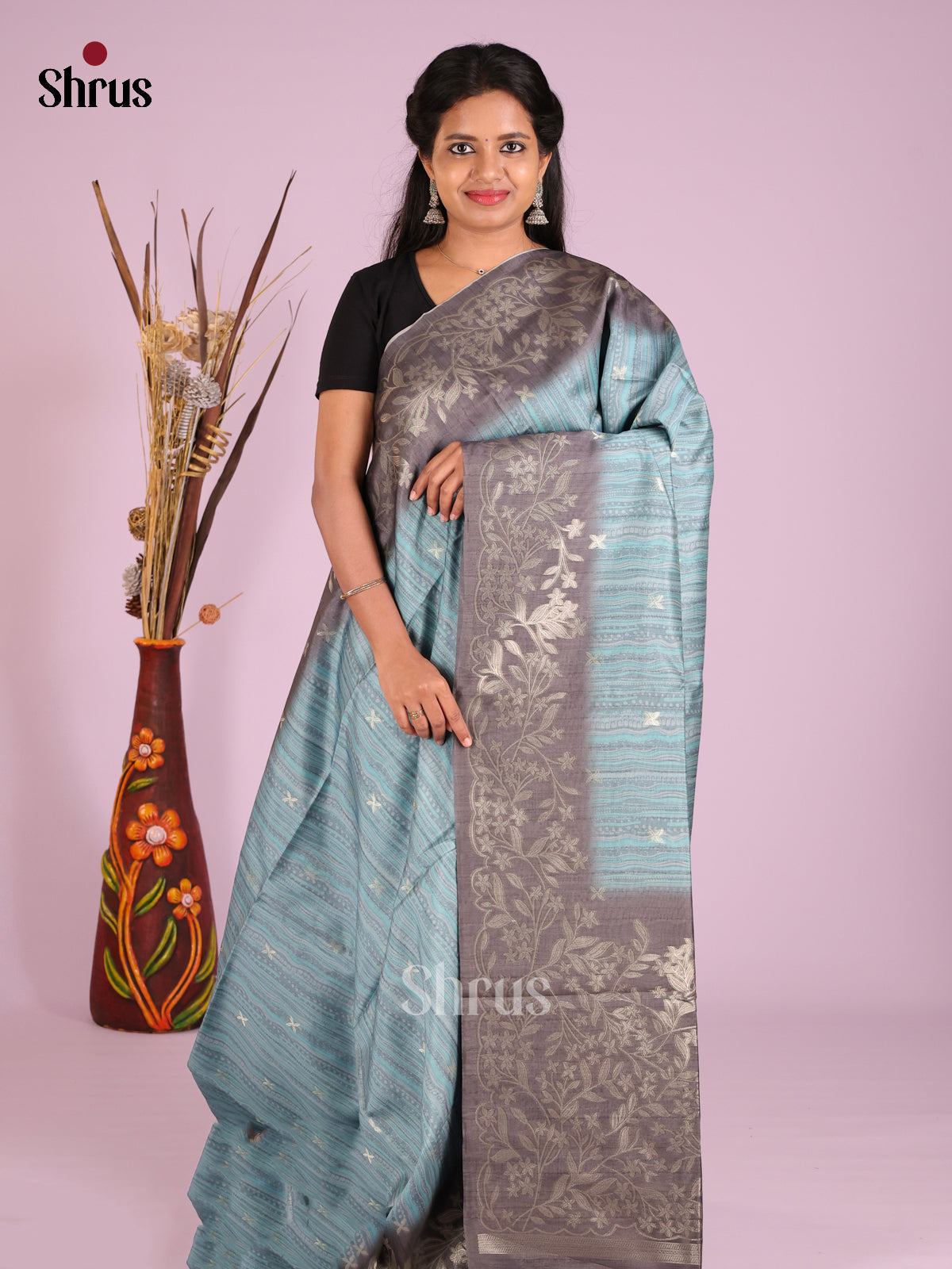 Blue & Grey - Semi Tussar Saree