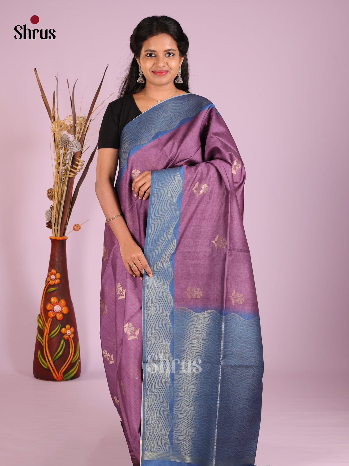 Purple & Blue - Semi Tussar Saree