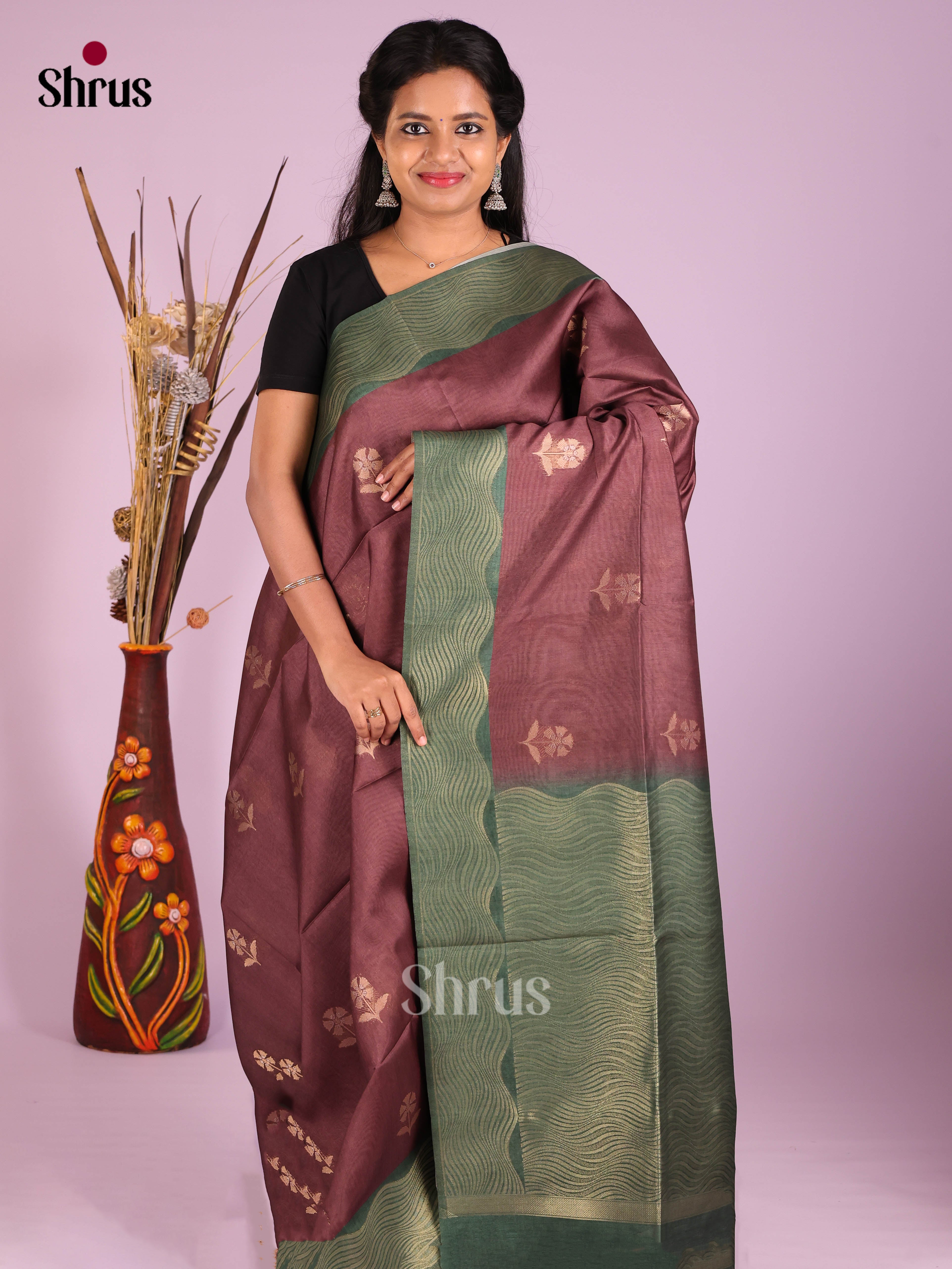 Brown & Green - Semi Tussar Saree
