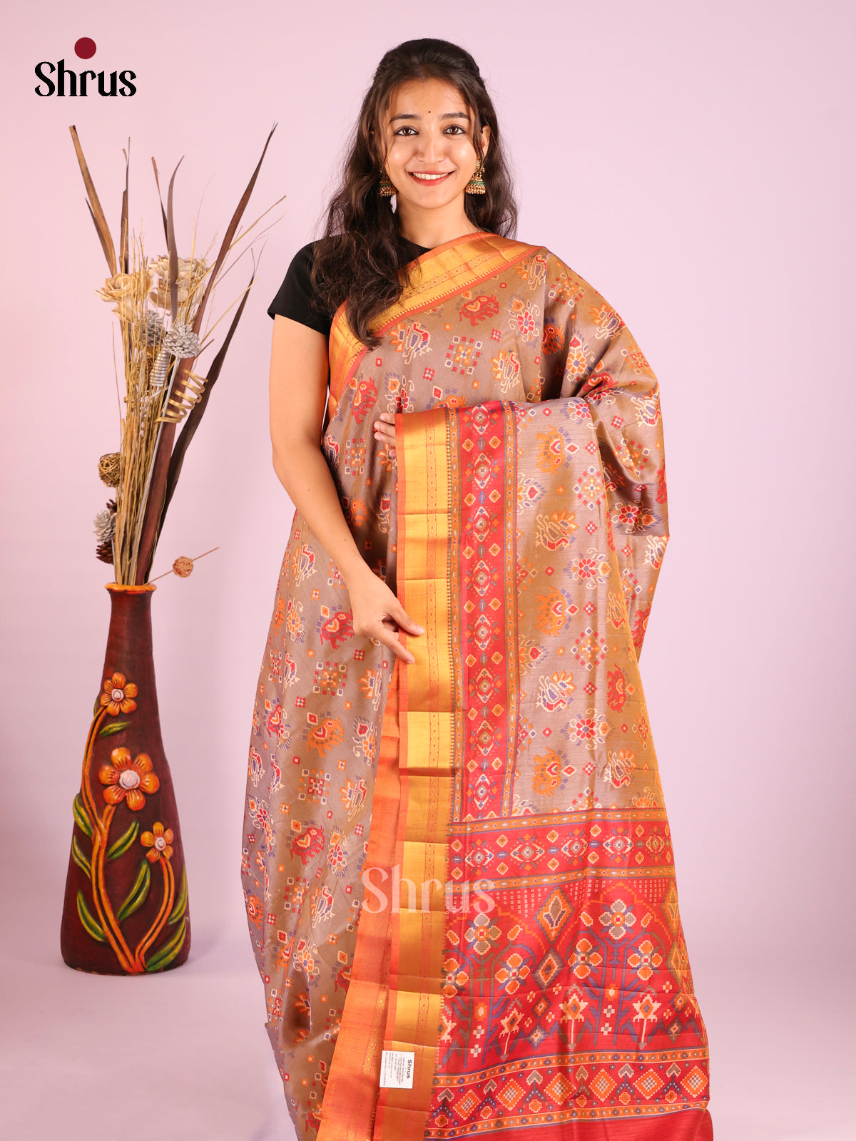 Grey & Brick Orange - Semi Patola Saree