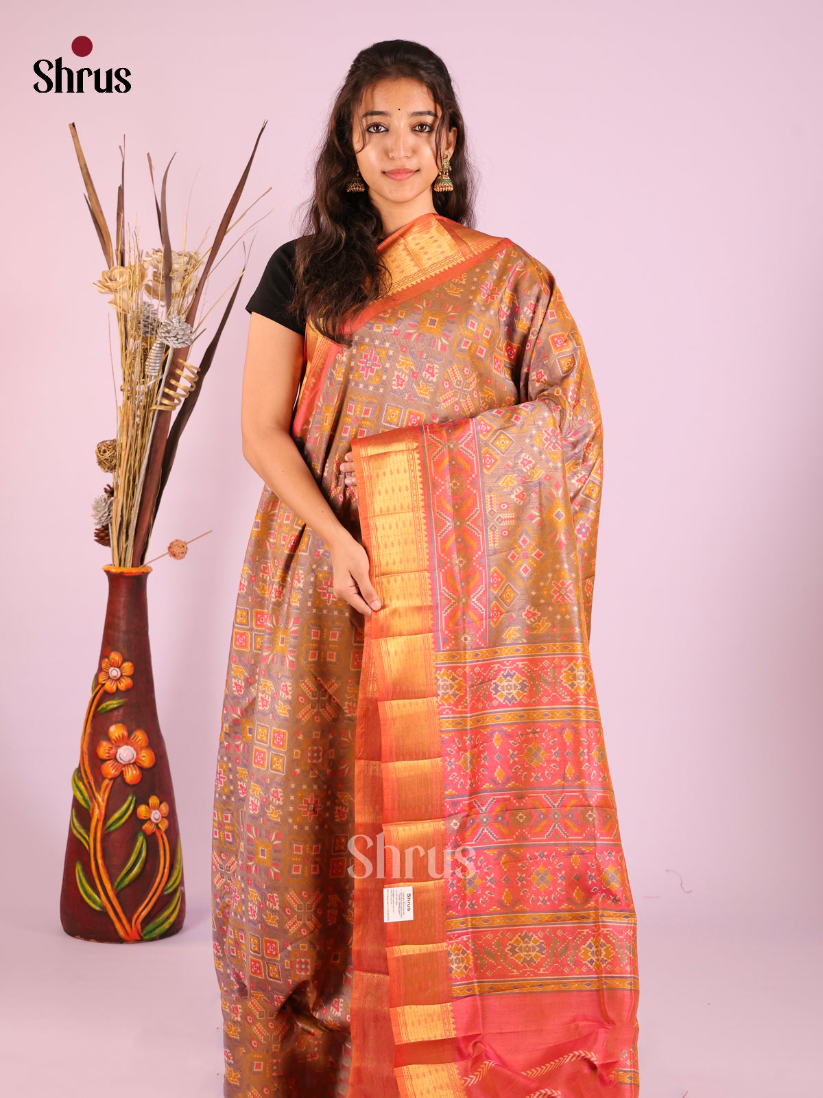 Purple & Orangish Pink - Semi Patola Saree
