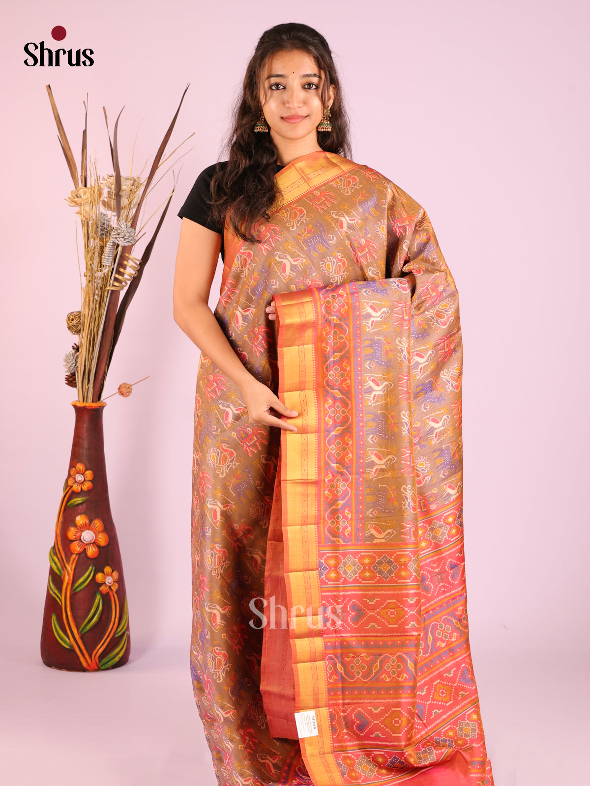 Light Brown & Brick - Semi Patola Saree